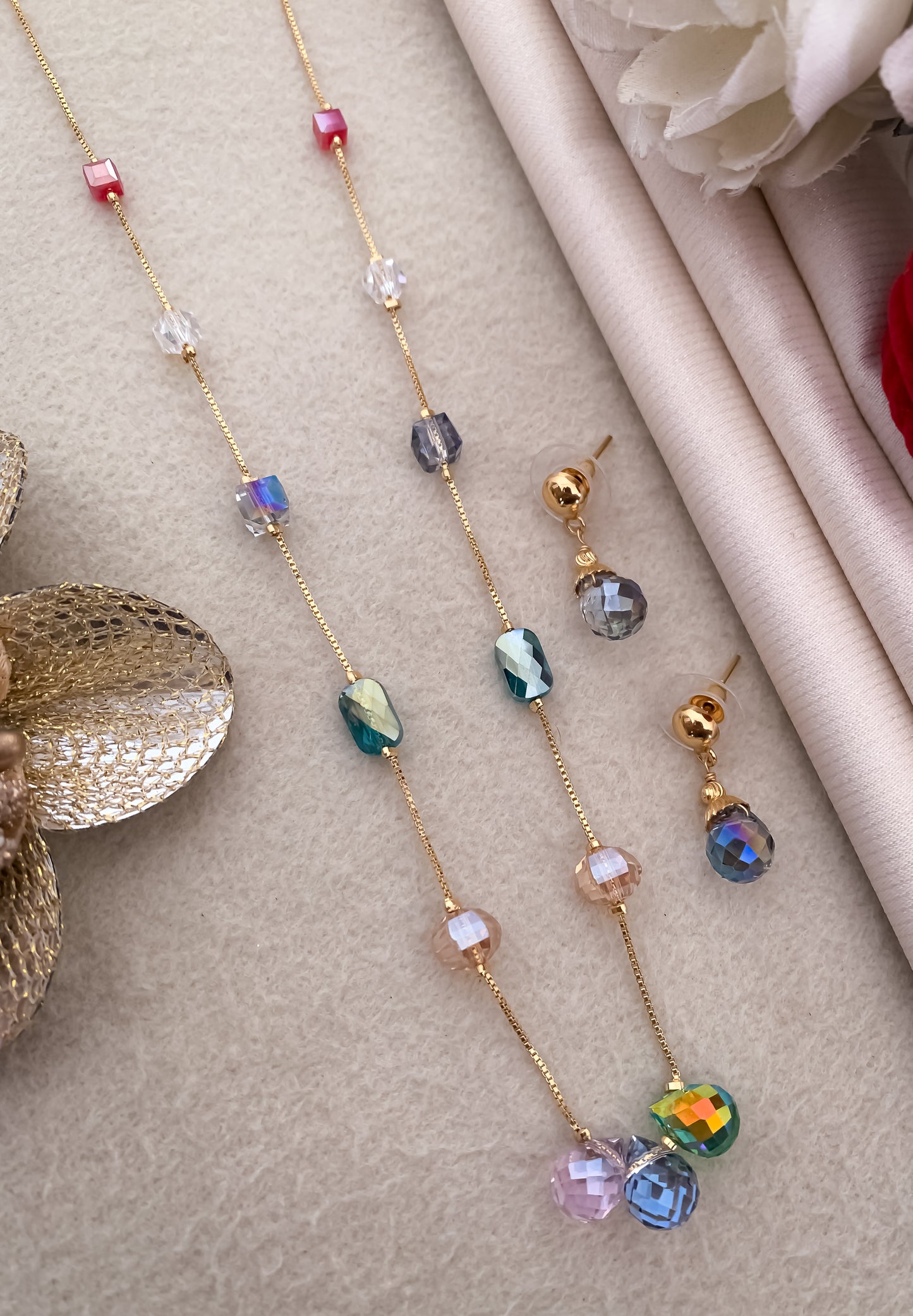 Crystal Multi Colour Fancy High Gold Western Mala Set - Western Mala Set - Belleza Jewels