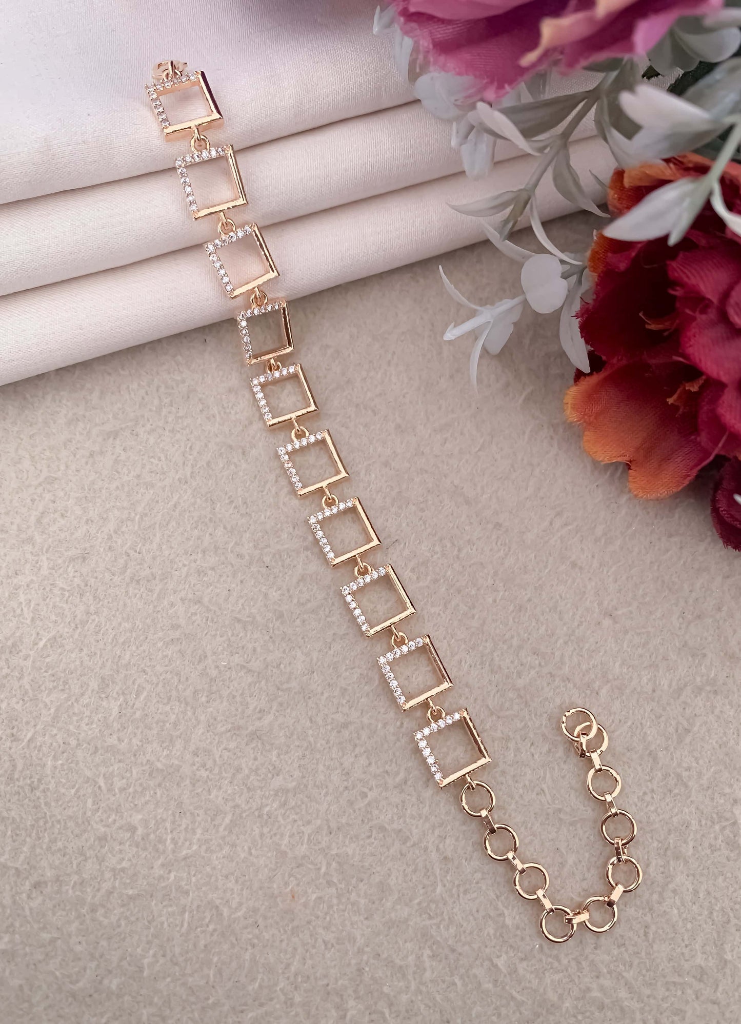American Diamond Rose Gold Silver And Gold Plated Fancy Square Bracelet - Bracelet - Belleza Jewels