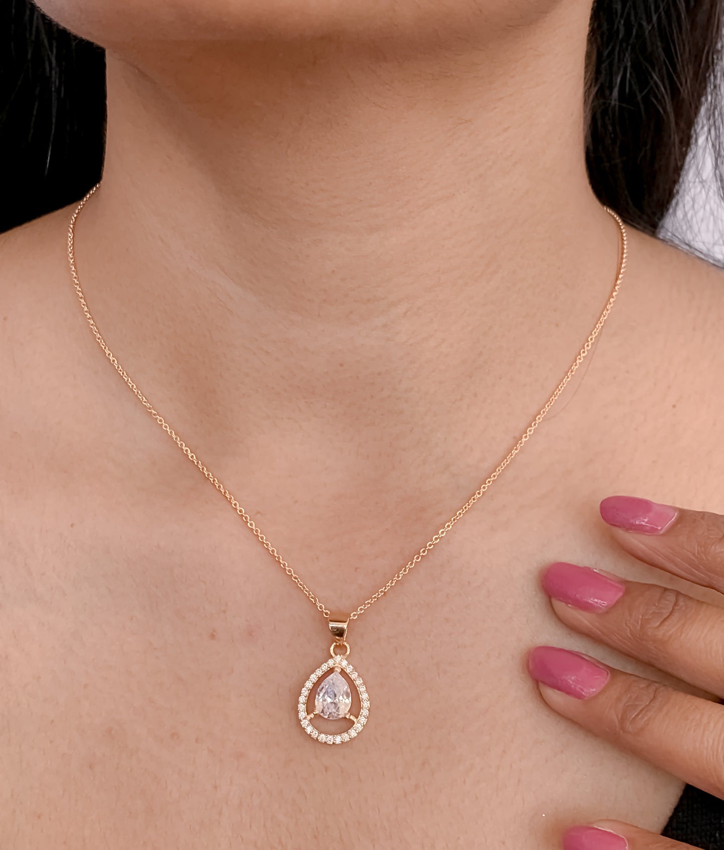 American Diamond Rose Gold And Silver Plated Necklace White Stone Nice Design - Chain Pendal - Belleza Jewels