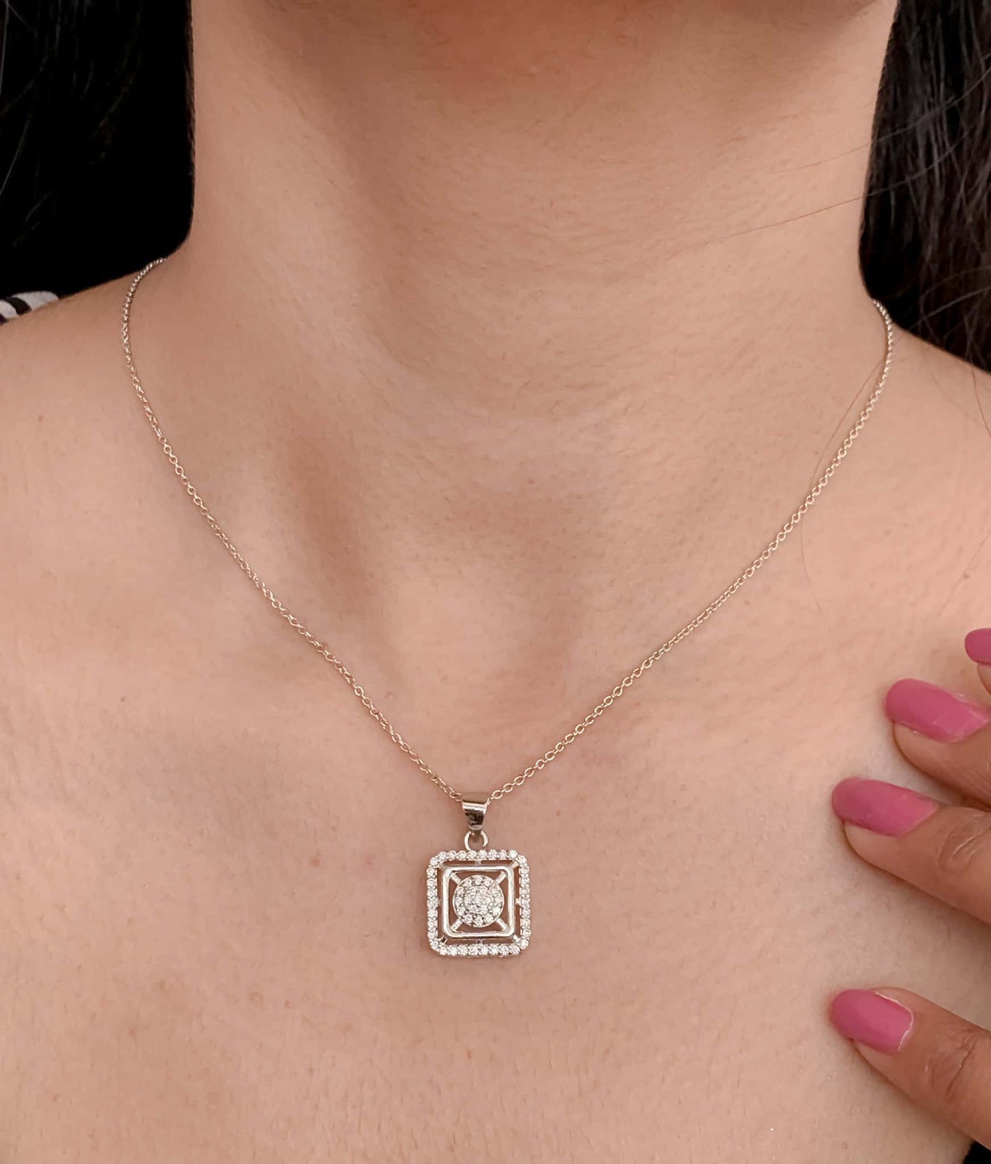 American Diamond Square Shape Rose Gold Silver and Gold Plated Delicate Necklace - Chain Pendal - Belleza Jewels