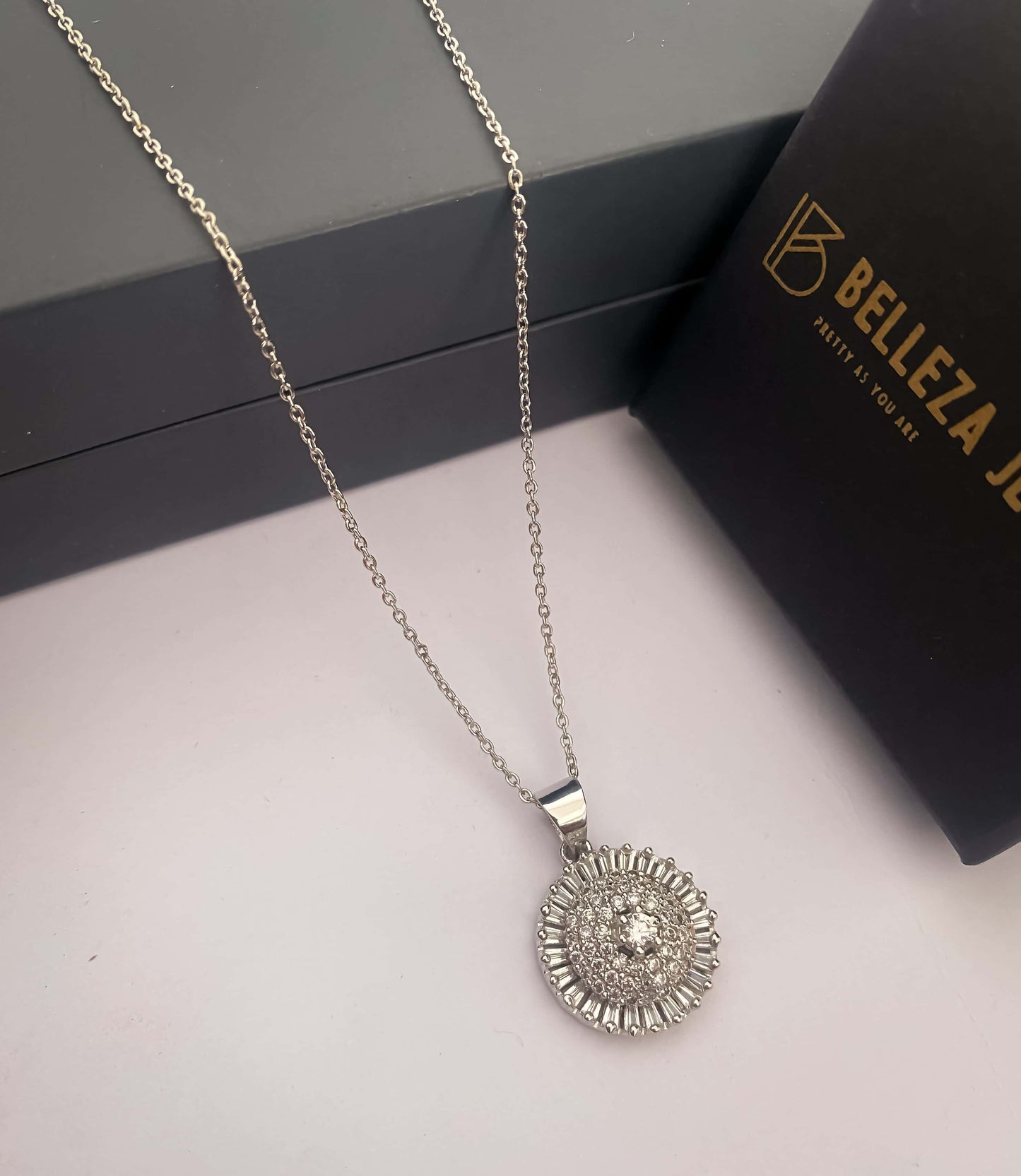 American Diamond Silver Plated Fancy Delicate Chain Pendent Necklace - Chain Pendal - Belleza Jewels