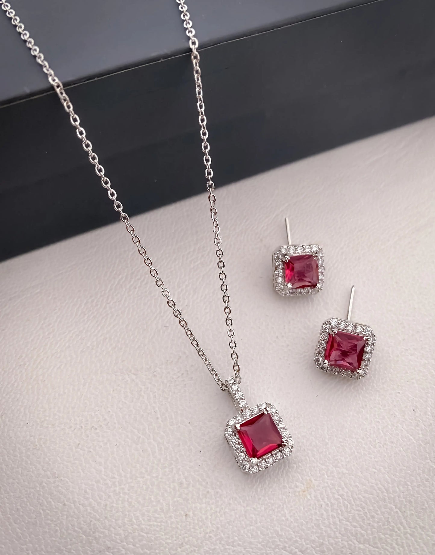 American Diamond Square All Colour Silver Plated Delicate Pendant Set - Pendant Set - Belleza Jewels