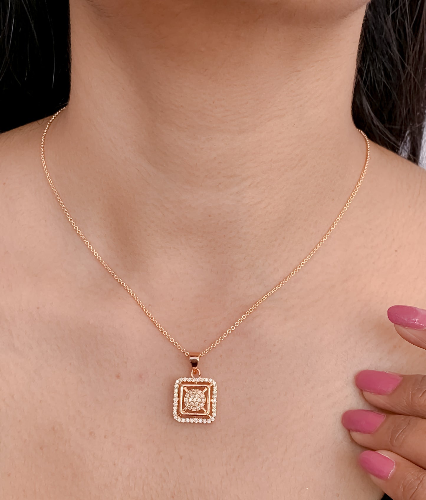 American Diamond Square Shape Rose Gold Silver and Gold Plated Delicate Necklace - Chain Pendal - Belleza Jewels