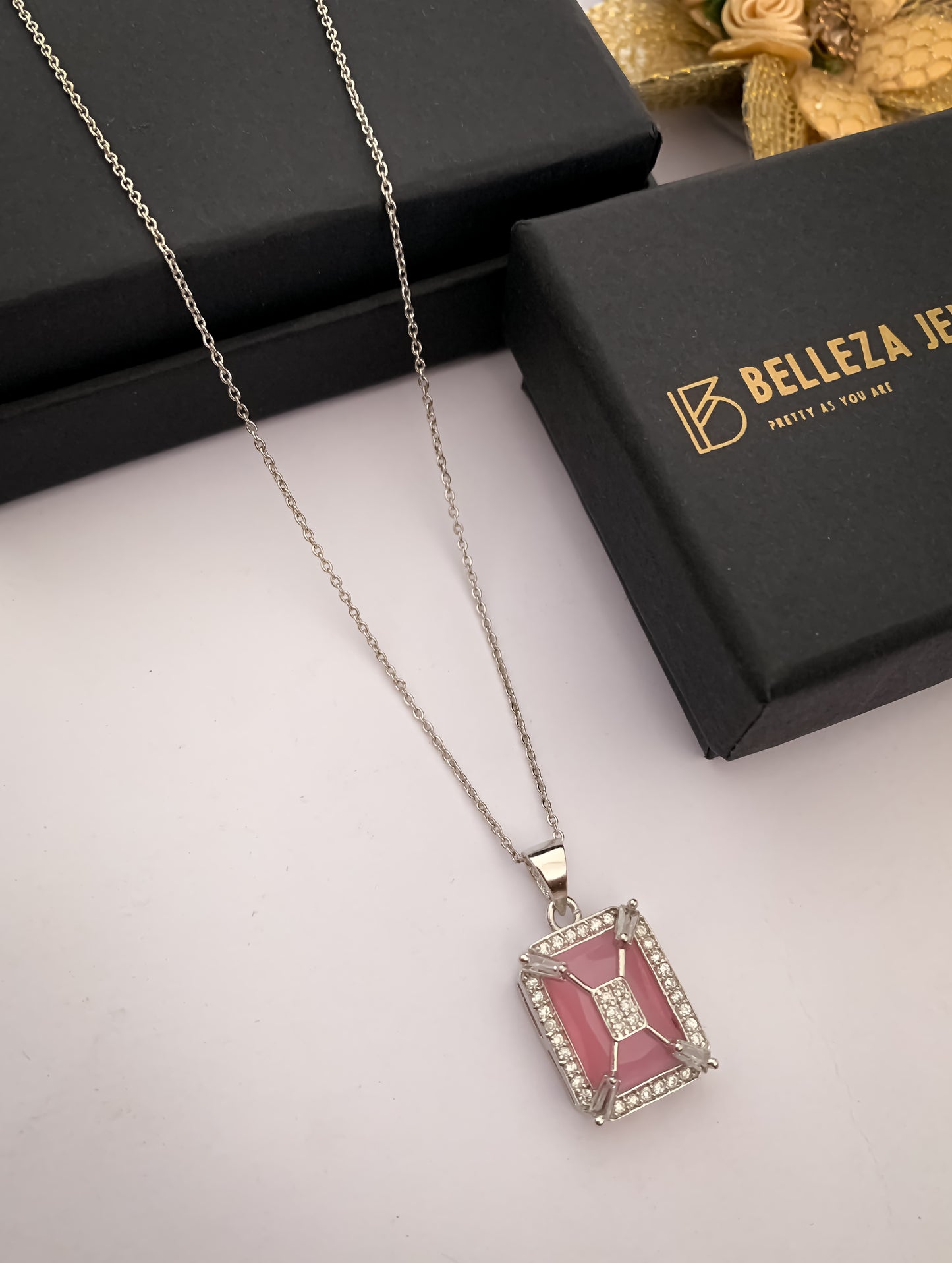 American Diamond Square Multiple Colour silver Fancy Chain Pendant Necklace - Chain Pendal - Belleza Jewels