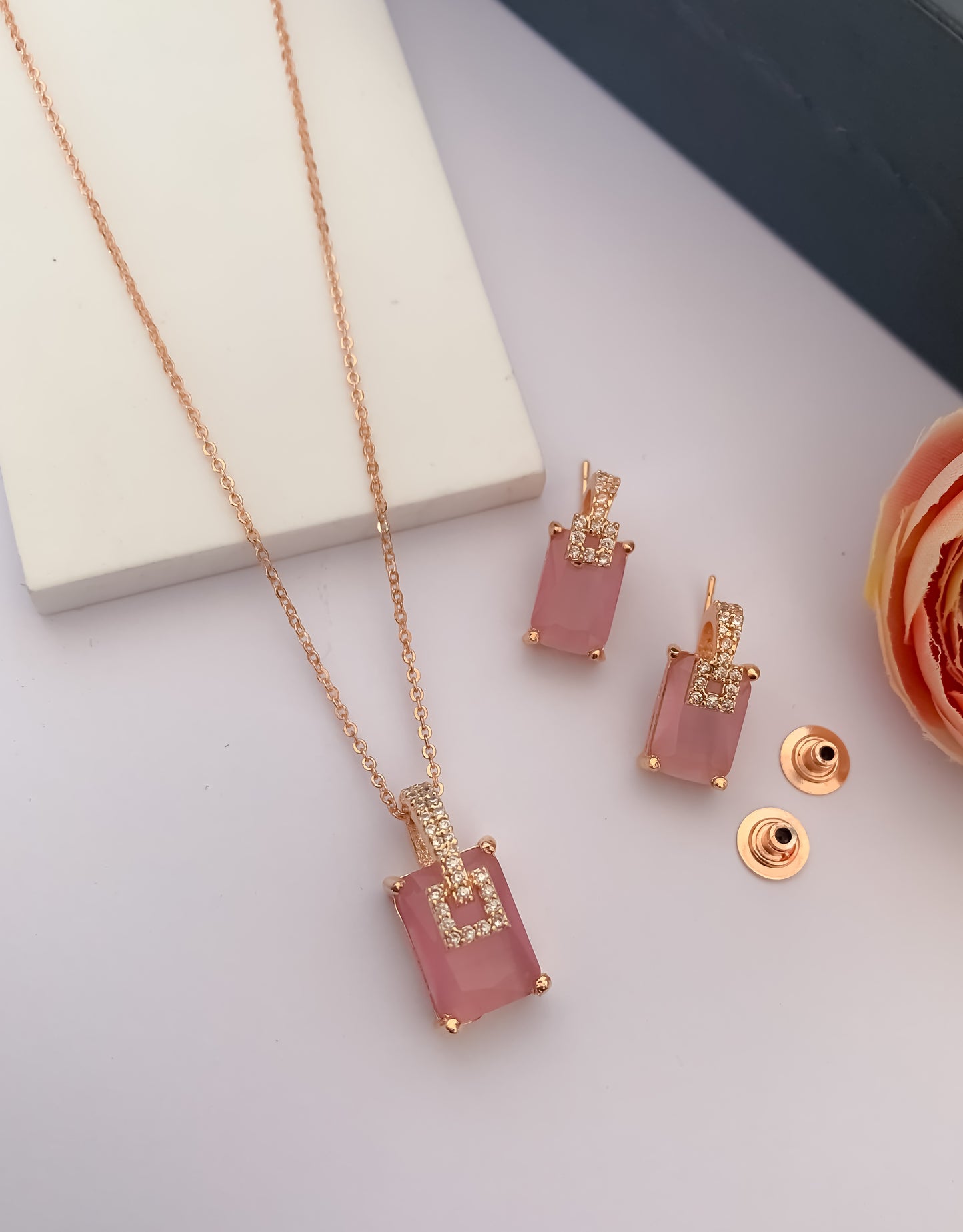 American Diamond Fancy Colour Stone Rose Gold Pendant Set - Pendant Set - Belleza Jewels