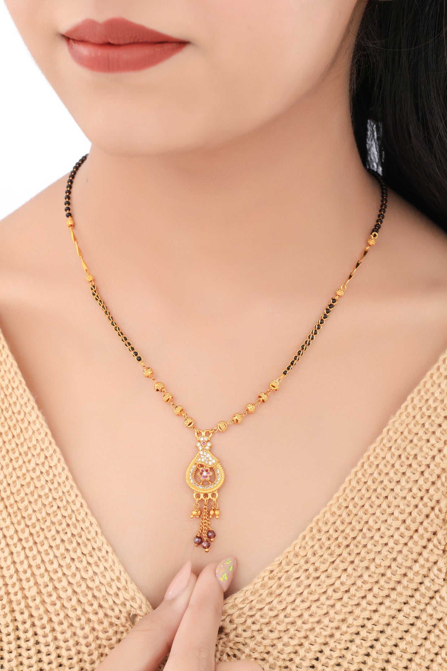 BUY 1 GET 1 FREE- American Diamond Gold Plated Oval Shape Hanging Mangalsutra