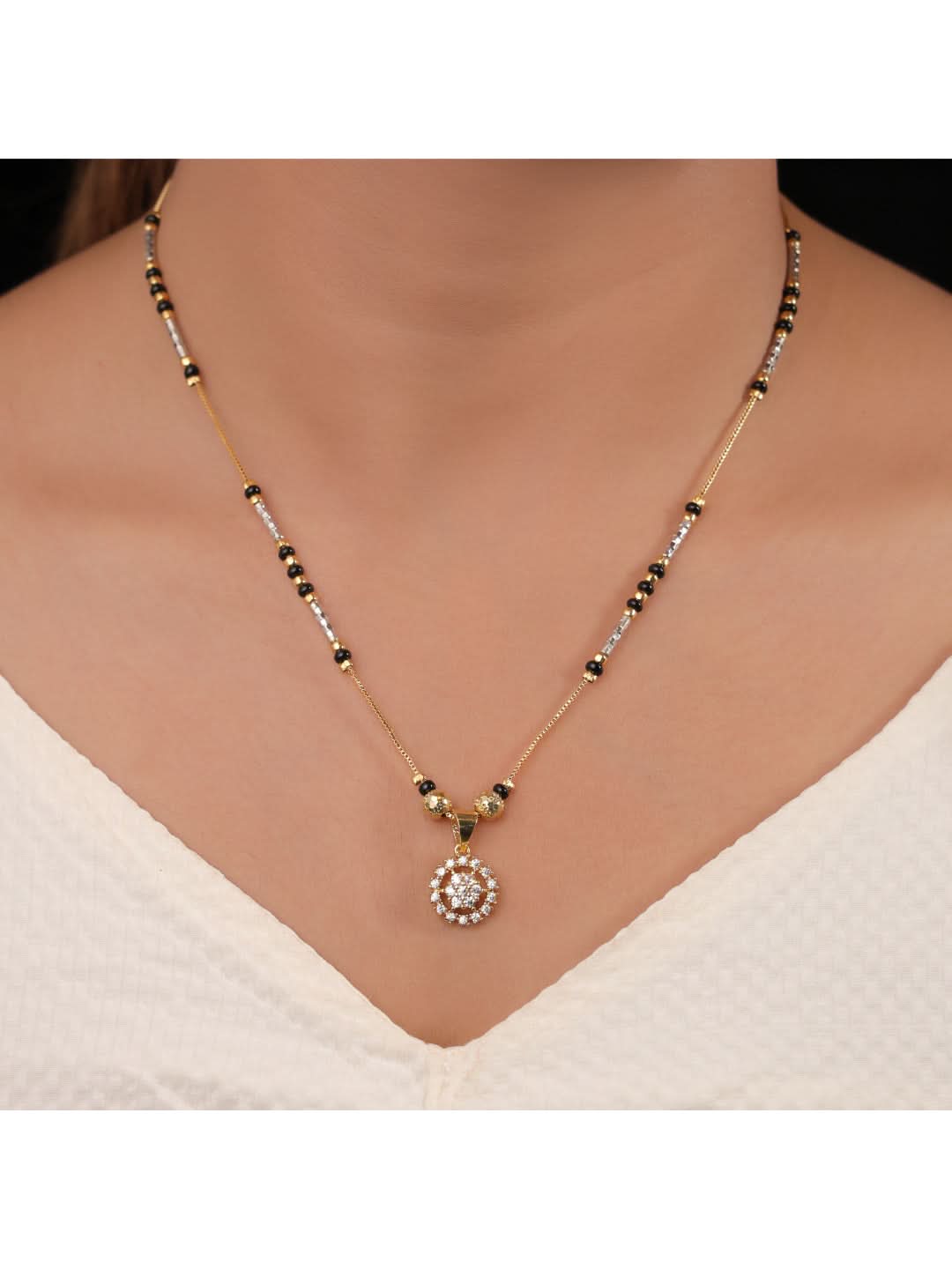 Buy 1 Get 1 Free - American Diamond Round Shape Gold Plated Fancy Mangalsutra