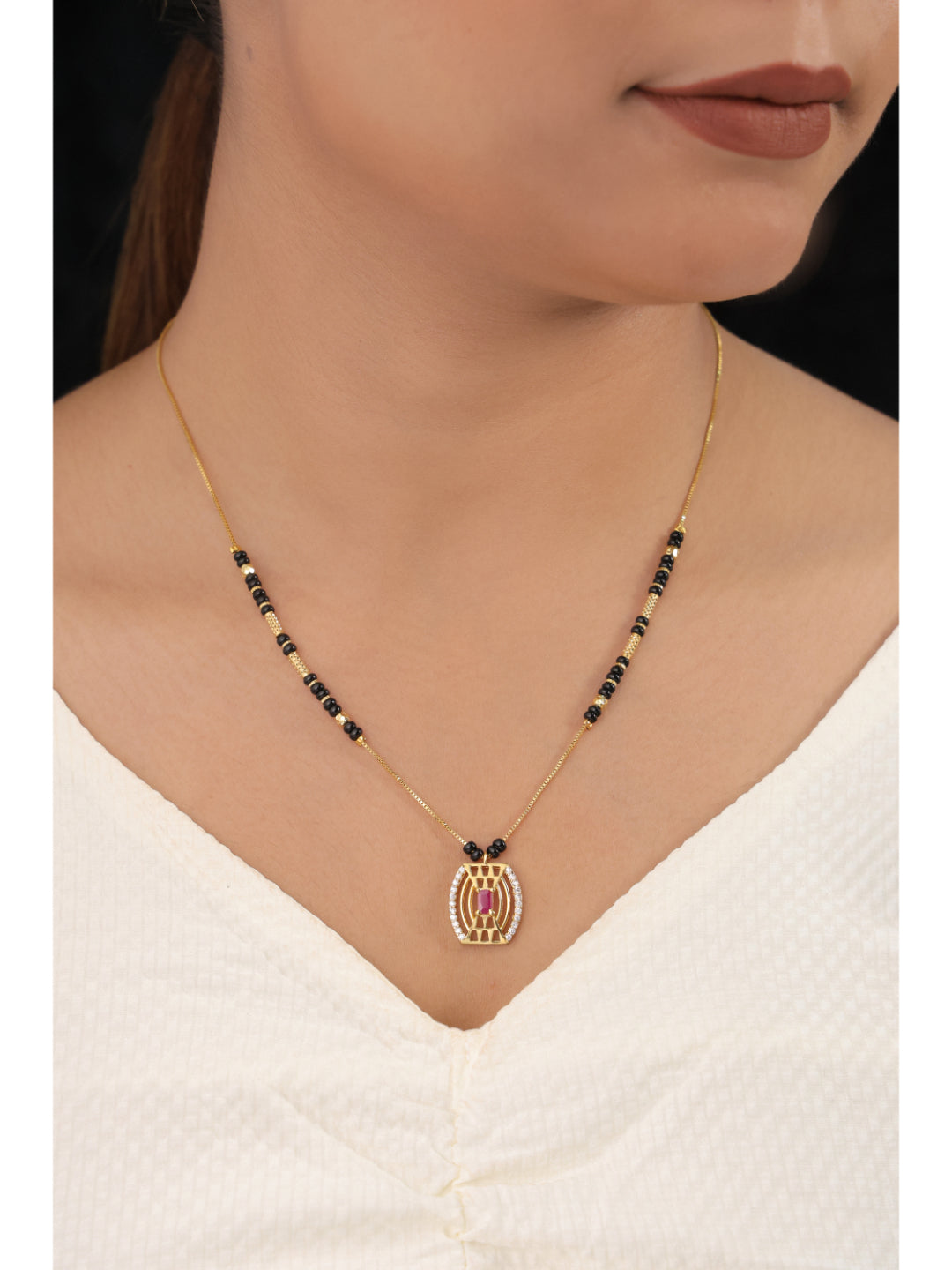 Buy 1 Get 1 Free - American Diamond Ruby Gold Plated Delicate Fancy Mangalsutra