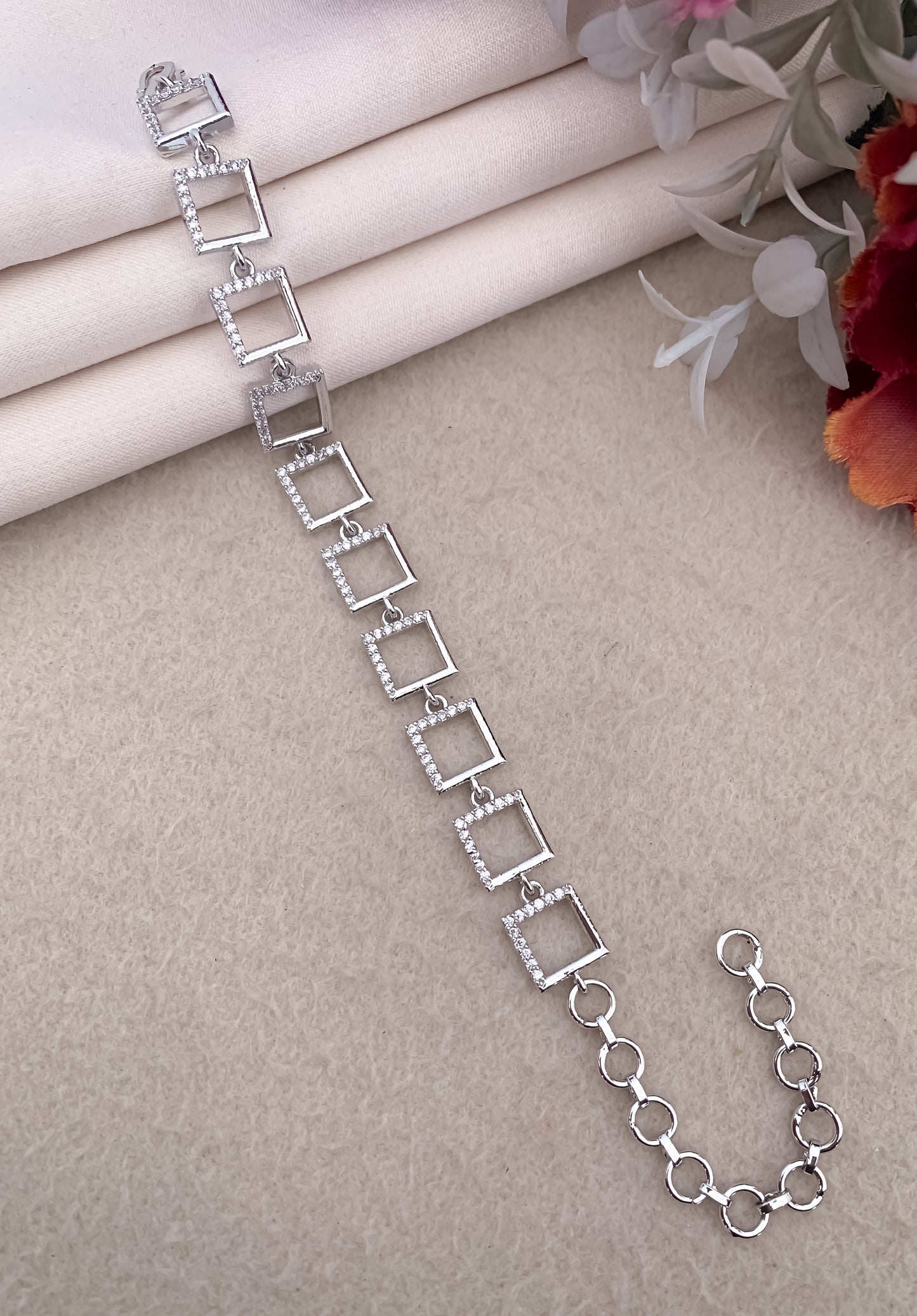 American Diamond Rose Gold Silver And Gold Plated Fancy Square Bracelet - Bracelet - Belleza Jewels