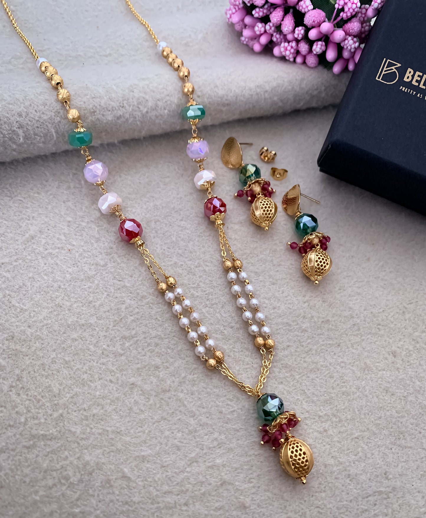 Brass High Gold Matt Finished Multi Colour Fancy Mala Set - Pendant Set - Belleza Jewels
