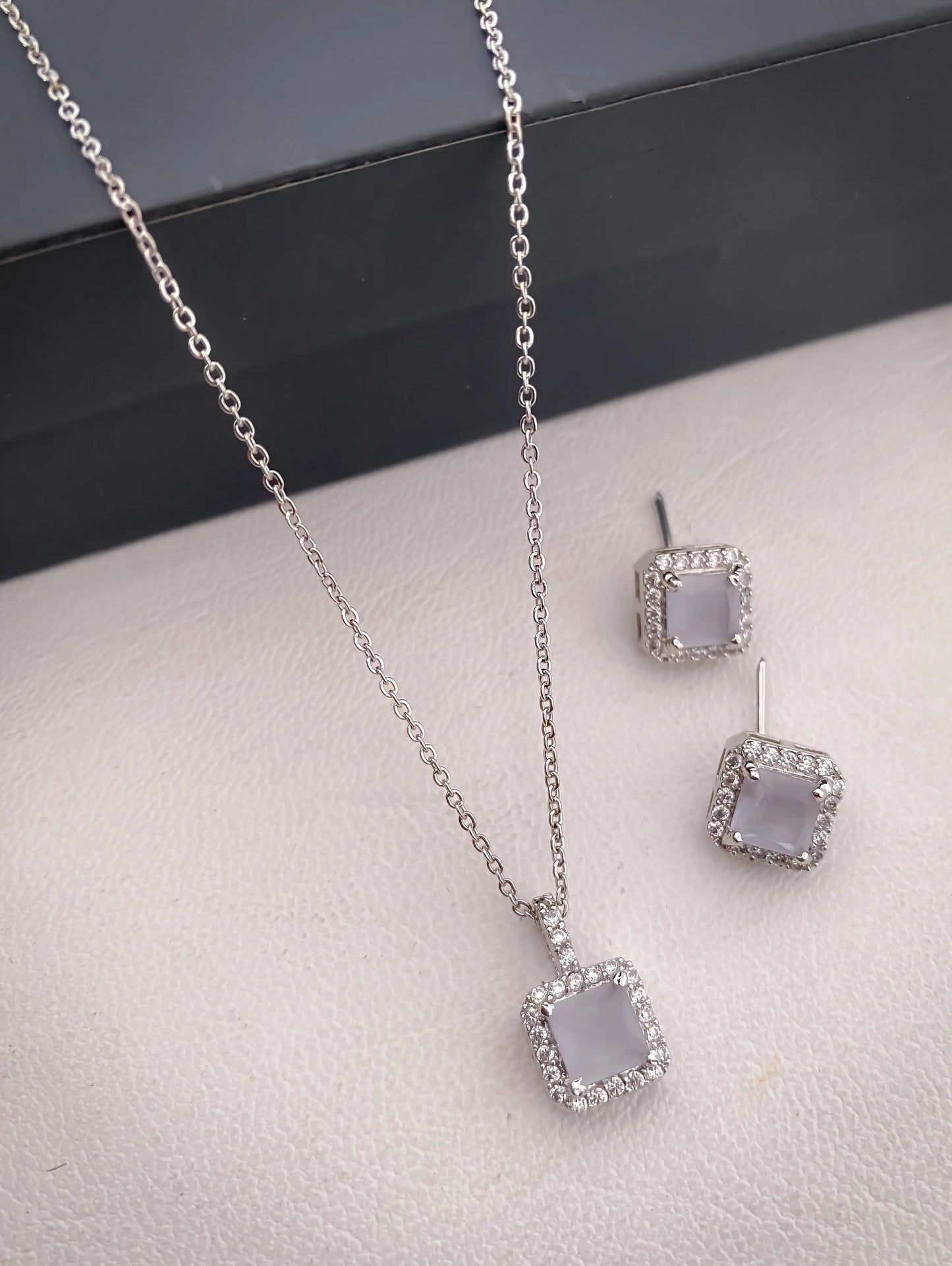 American Diamond Square All Colour Silver Plated Delicate Pendant Set - Pendant Set - Belleza Jewels