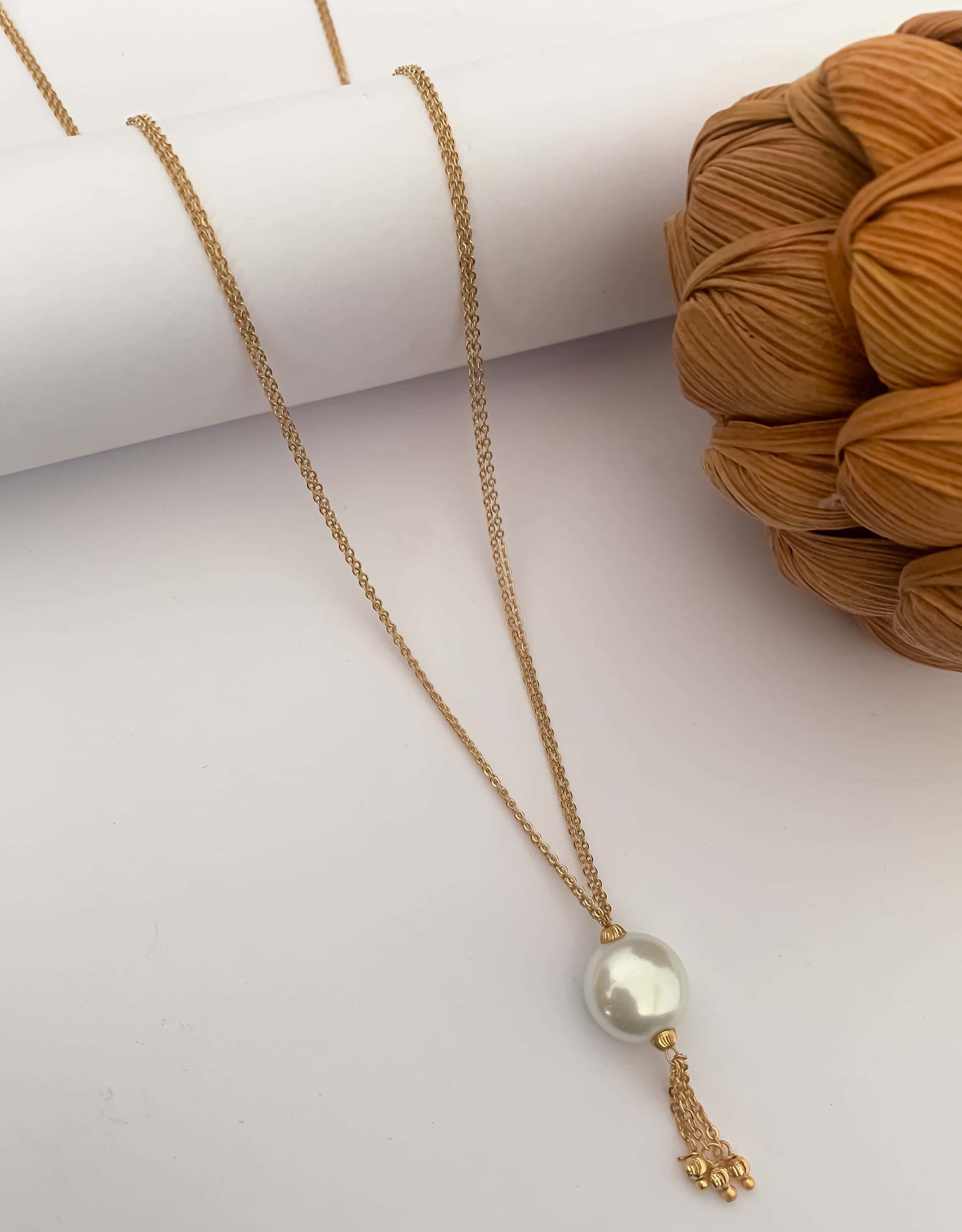 High Gold white Beads Hanging Fancy Steel Chain - Chain Pendal - Belleza Jewels