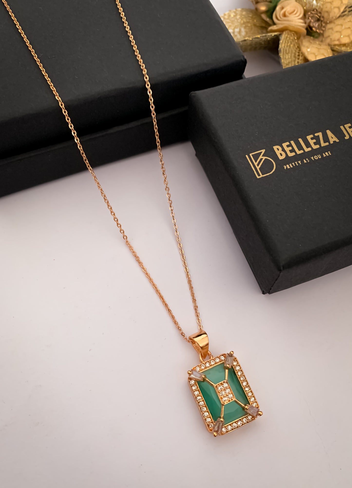 American Diamond square Rose Gold chain Pendant Necklace - Chain Pendal - Belleza Jewels