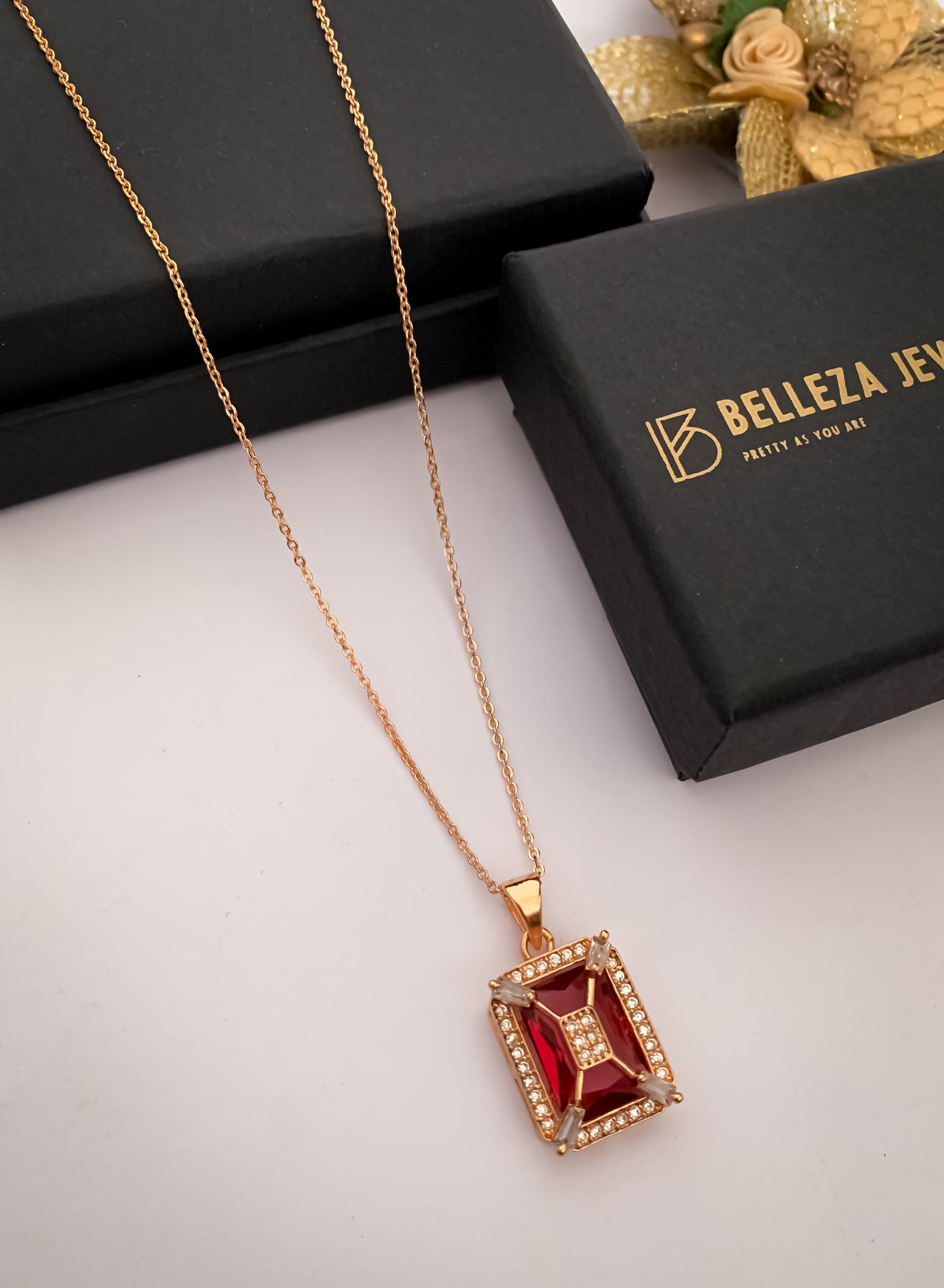 American Diamond square Rose Gold chain Pendant Necklace - Chain Pendal - Belleza Jewels