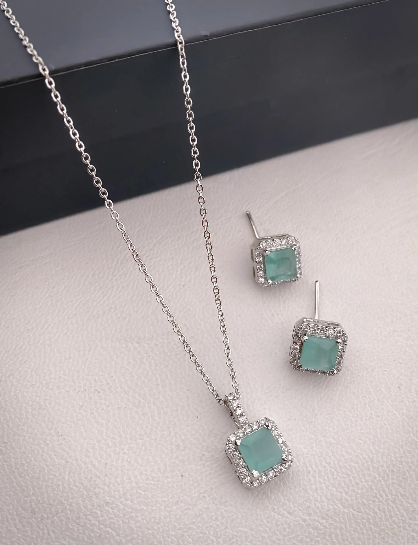 American Diamond Square All Colour Silver Plated Delicate Pendant Set - Pendant Set - Belleza Jewels
