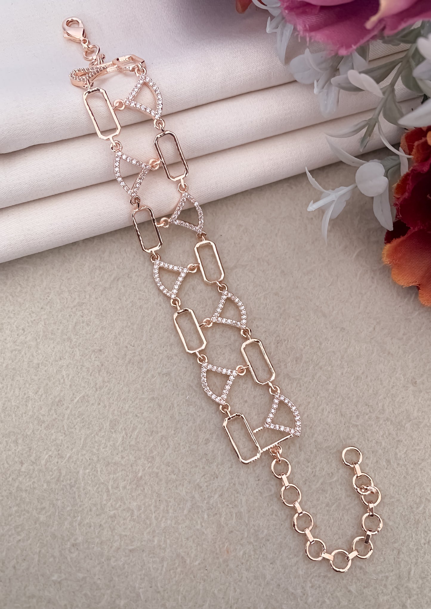 American Diamond Rose Gold Silver And Gold Plated Fancy Bracelet - Bracelet - Belleza Jewels