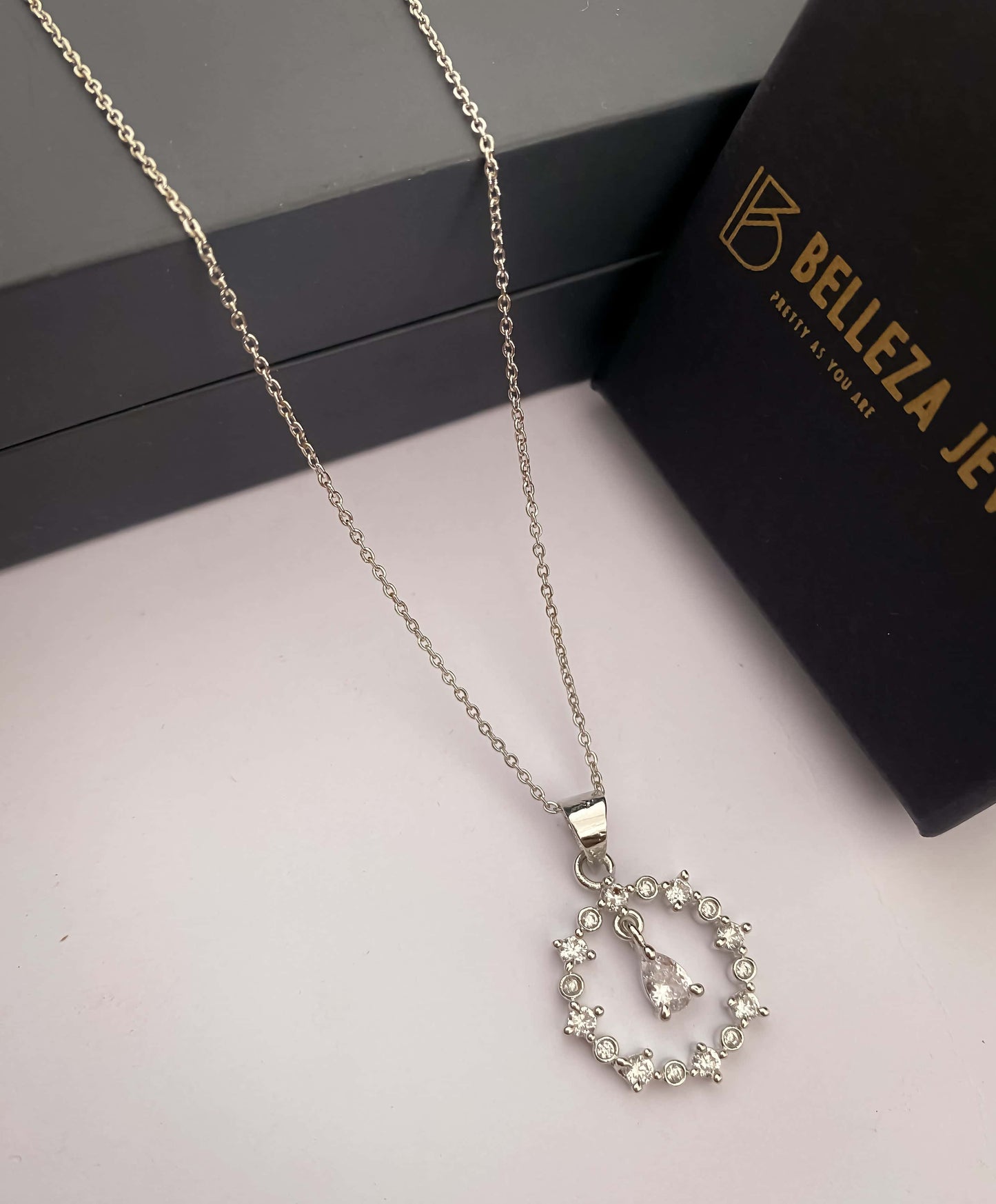 American Diamond Silver Plated Fancy Delicate Chain Pendent Necklace - Chain Pendal - Belleza Jewels