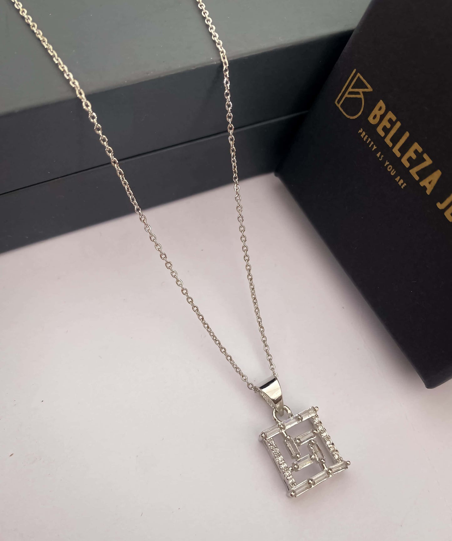 American Diamond Silver Plated Fancy Delicate Chain Pendent Necklace - Chain Pendal - Belleza Jewels