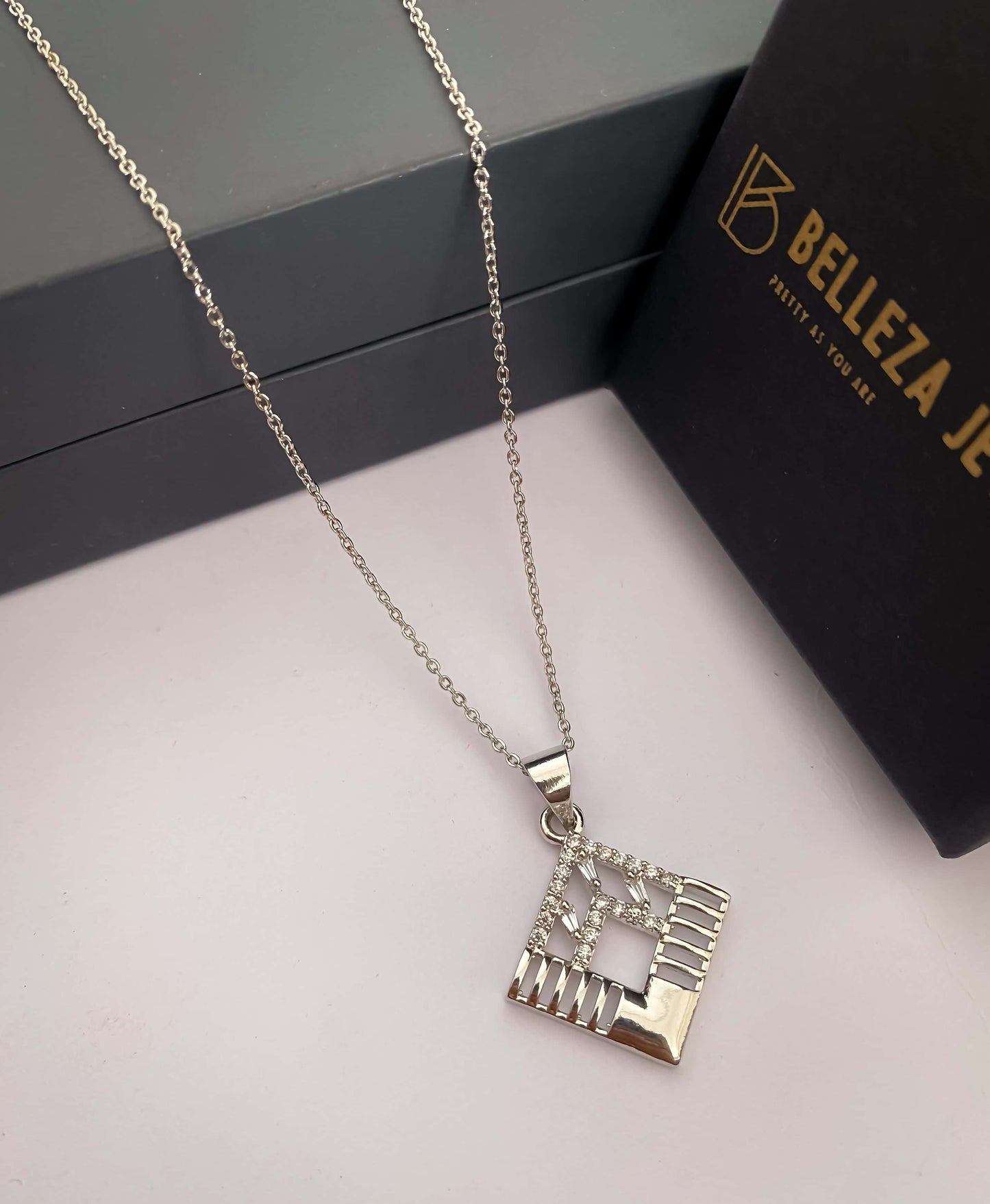American Diamond Silver Plated Fancy Delicate Chain Pendent Necklace - Chain Pendal - Belleza Jewels
