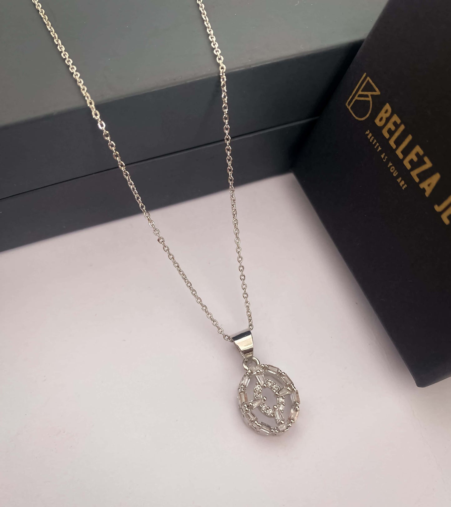 American Diamond Silver Plated Fancy Delicate Chain Pendent Necklace - Chain Pendal - Belleza Jewels