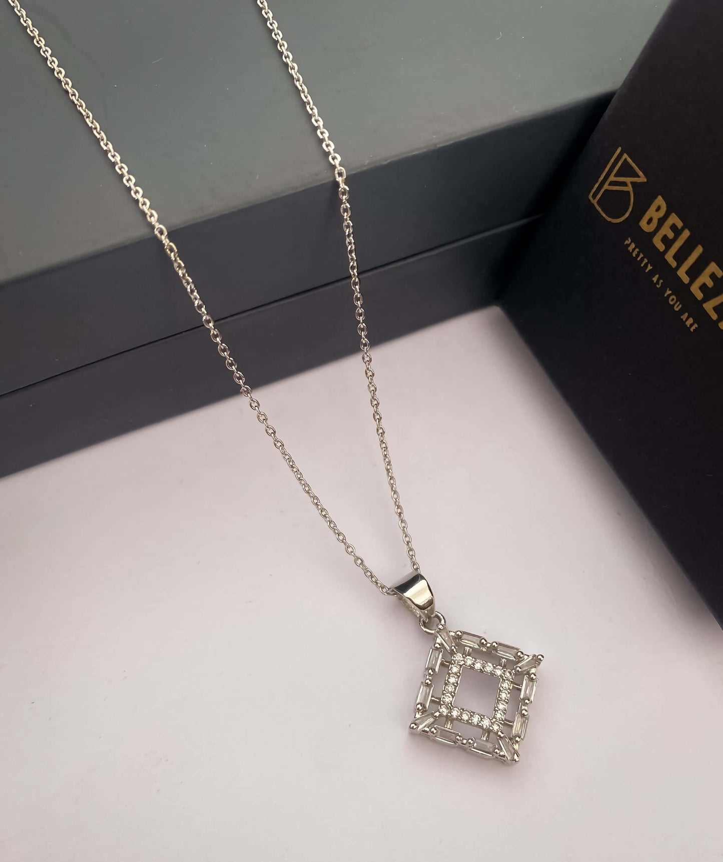 American Diamond Silver Plated Fancy Delicate Chain Pendent Necklace - Chain Pendal - Belleza Jewels