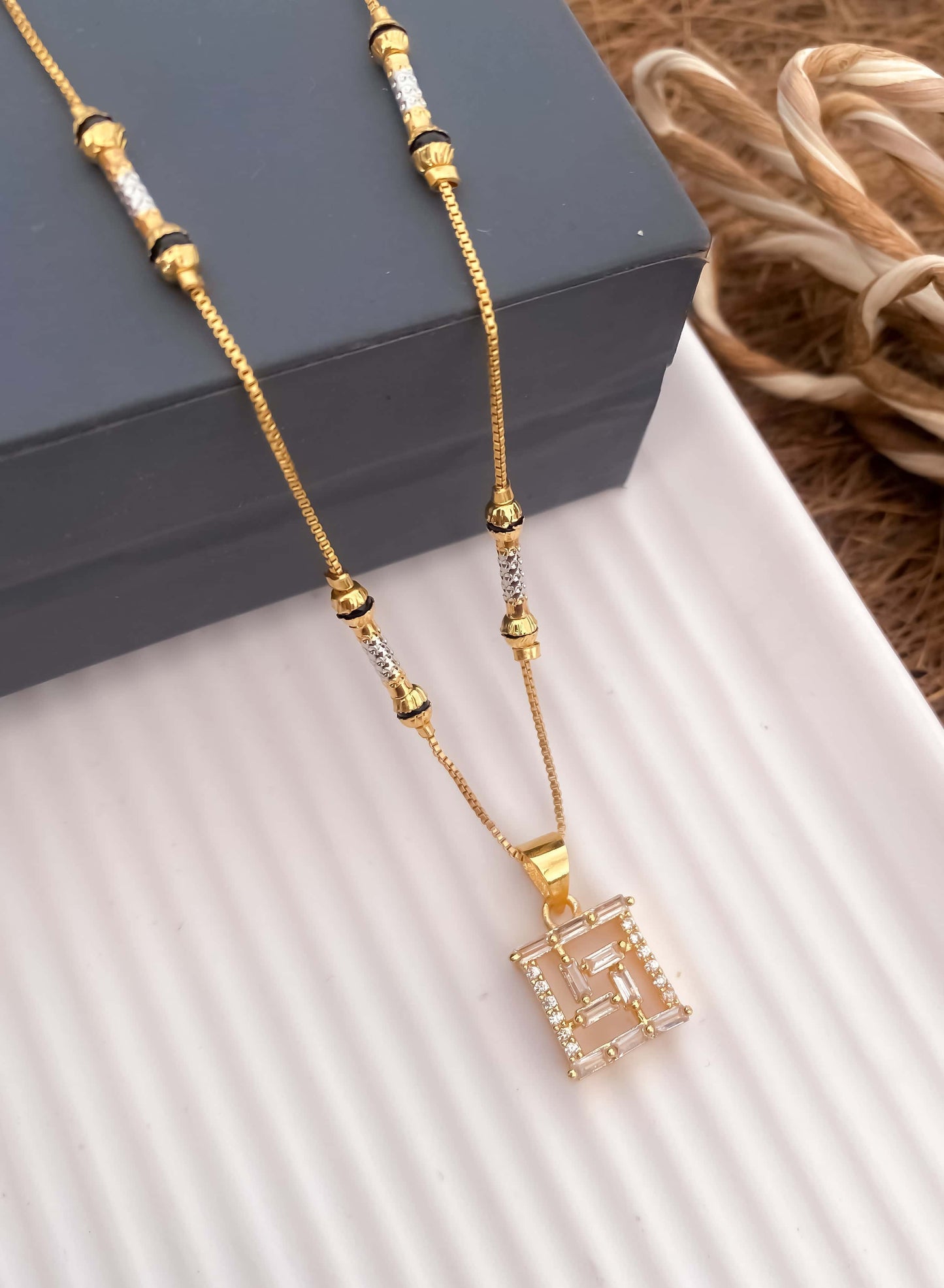 American Diamond With Chowki Diamond square Shape High Gold Plated Fancy Chain Pendant - Chain Pendal - Belleza Jewels