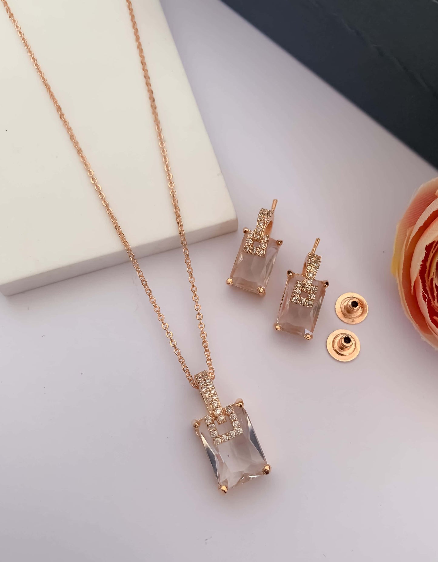 American Diamond Fancy Colour Stone Rose Gold Pendant Set - Pendant Set - Belleza Jewels