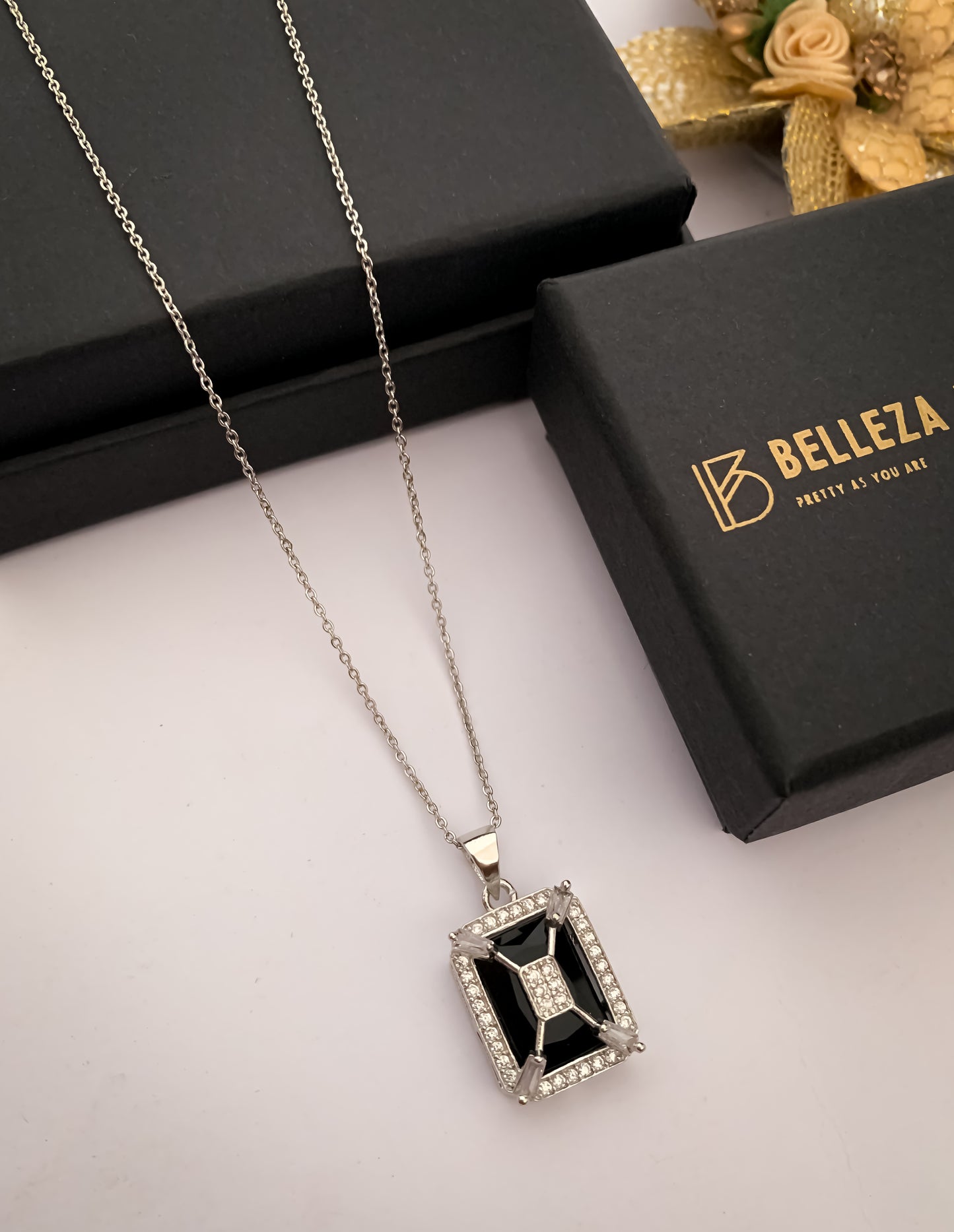 American Diamond Square Multiple Colour silver Fancy Chain Pendant Necklace - Chain Pendal - Belleza Jewels