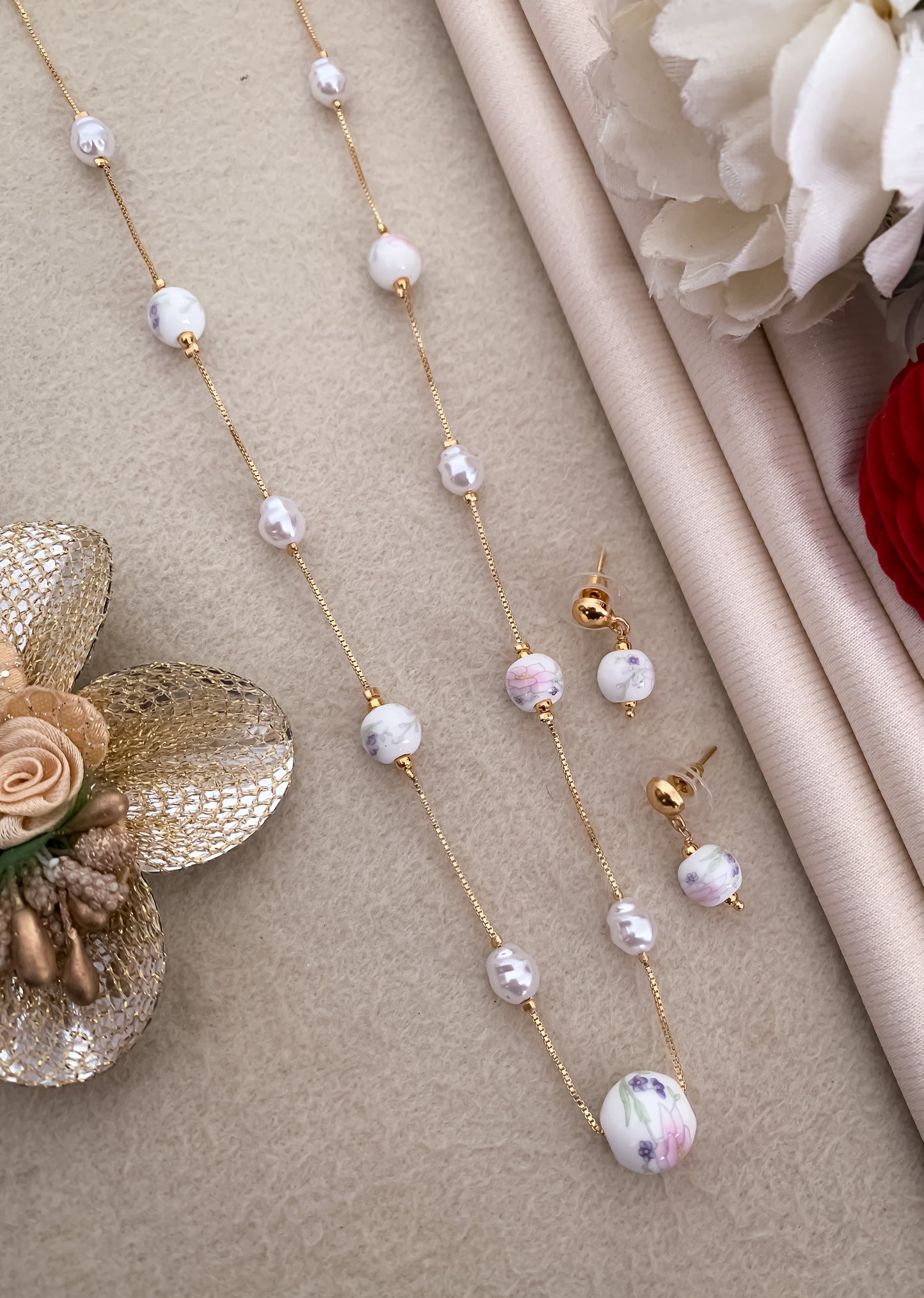 Fancy High Gold Printed Pearl with Earring Western Mala Set - Western Mala Set - Belleza Jewels