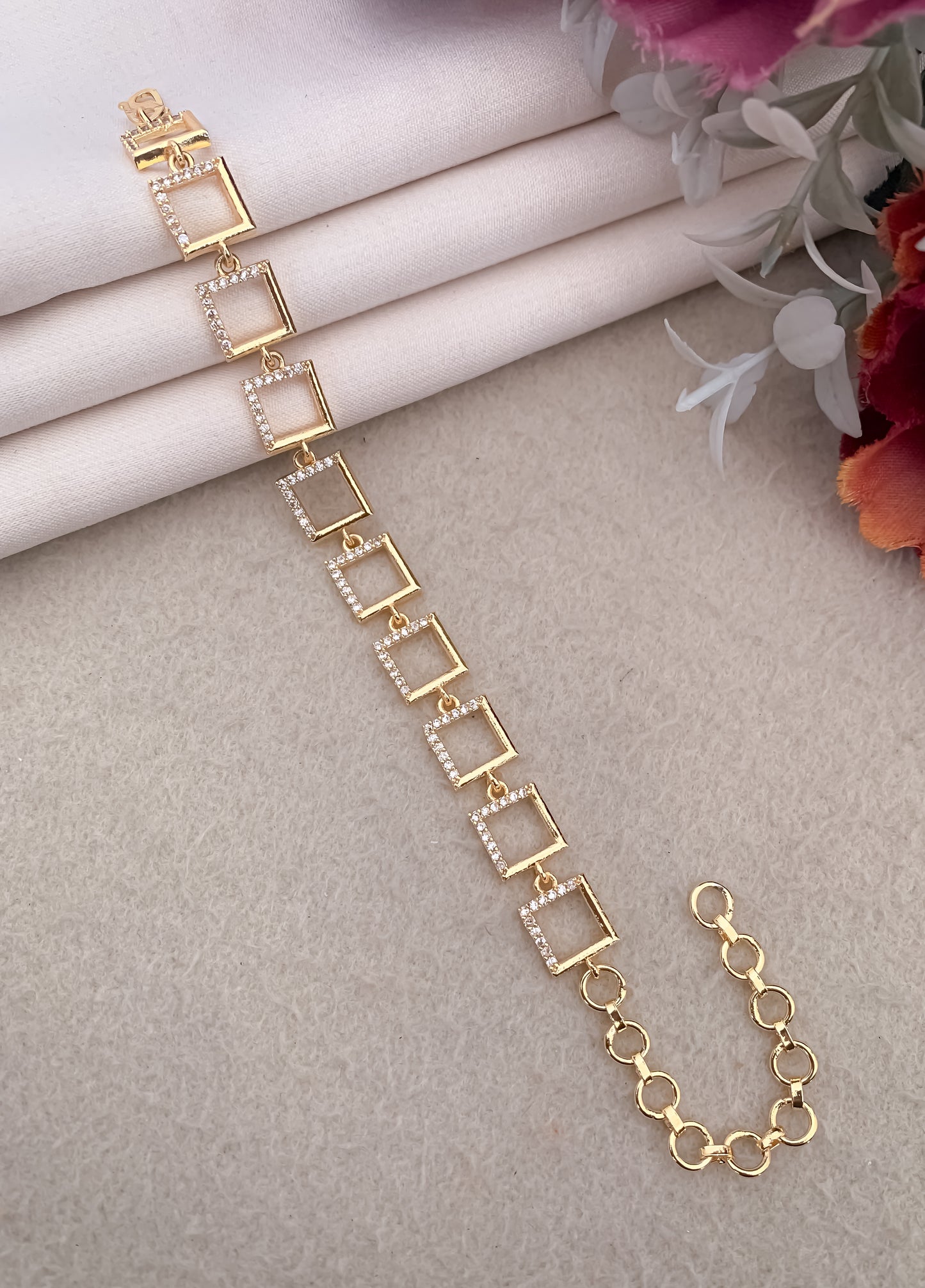 American Diamond Rose Gold Silver And Gold Plated Fancy Square Bracelet - Bracelet - Belleza Jewels