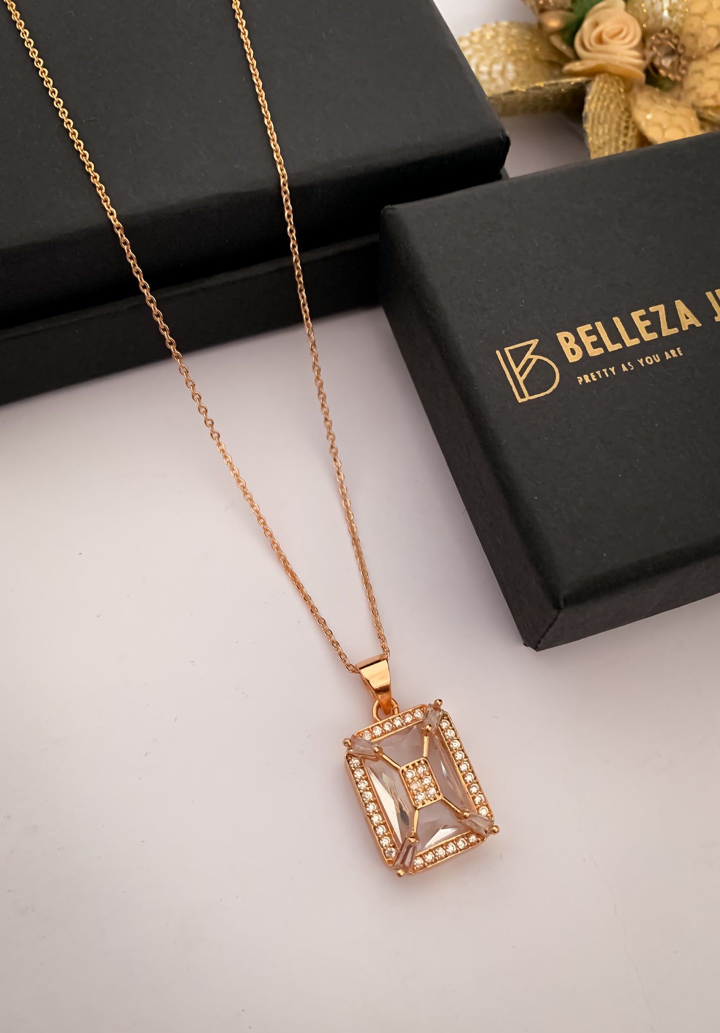 American Diamond square Rose Gold chain Pendant Necklace - Chain Pendal - Belleza Jewels