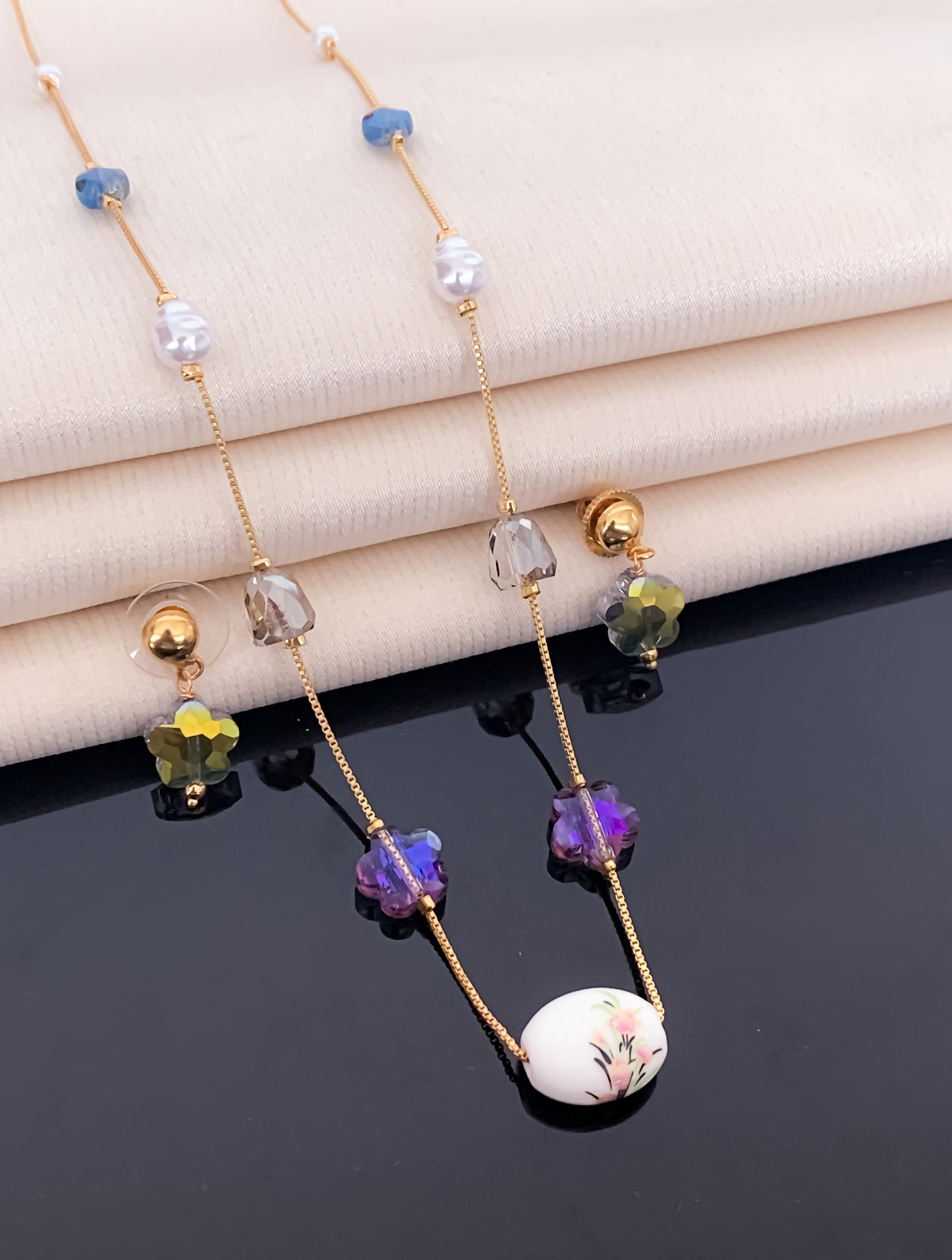 Fancy High Gold Multi Colour Printed Pearl Western Mala Set - Western Mala Set - Belleza Jewels
