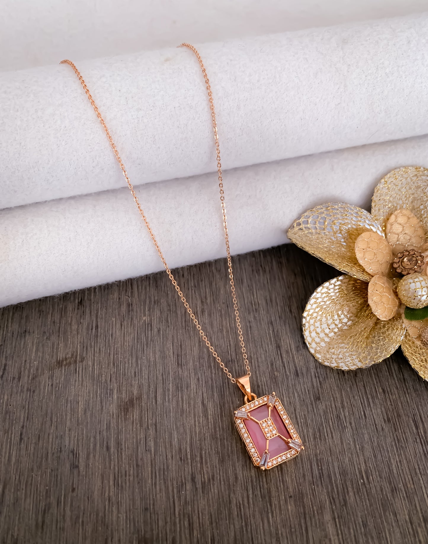 American Diamond square Rose Gold chain Pendant Necklace - Chain Pendal - Belleza Jewels