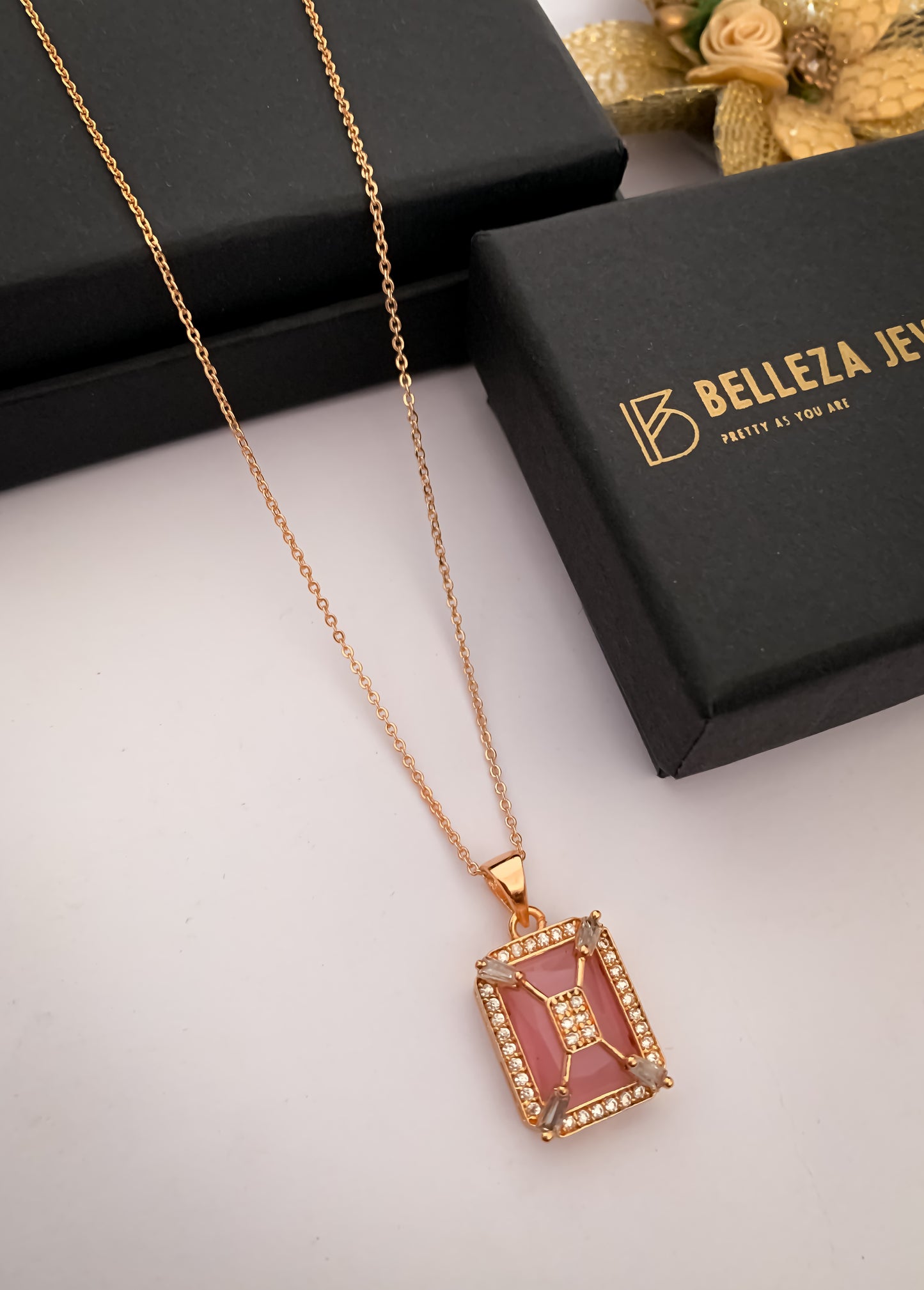 American Diamond square Rose Gold chain Pendant Necklace - Chain Pendal - Belleza Jewels