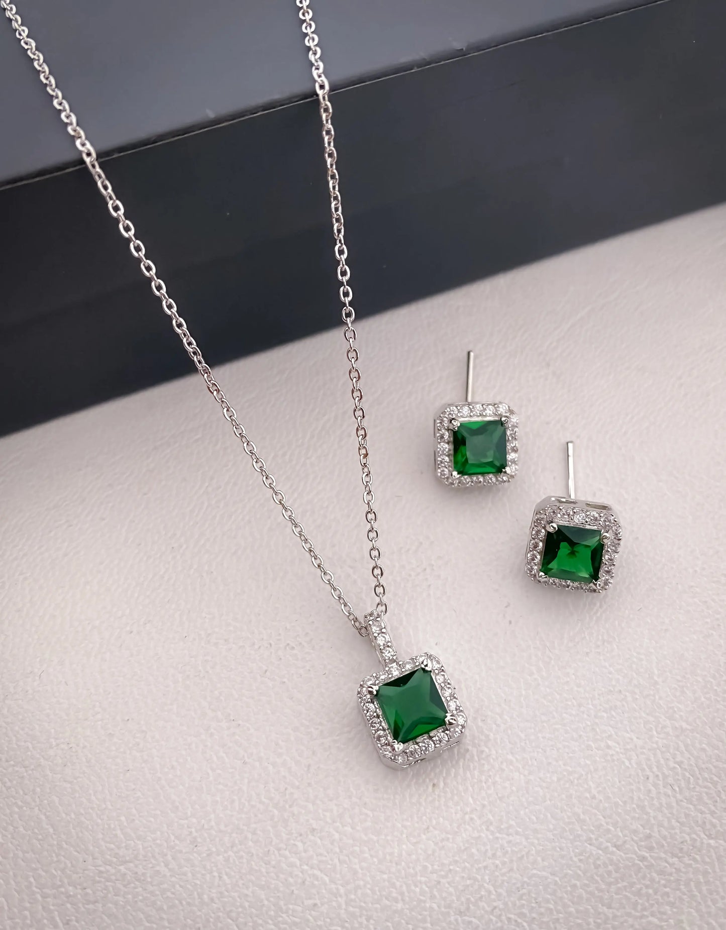 American Diamond Square All Colour Silver Plated Delicate Pendant Set - Pendant Set - Belleza Jewels