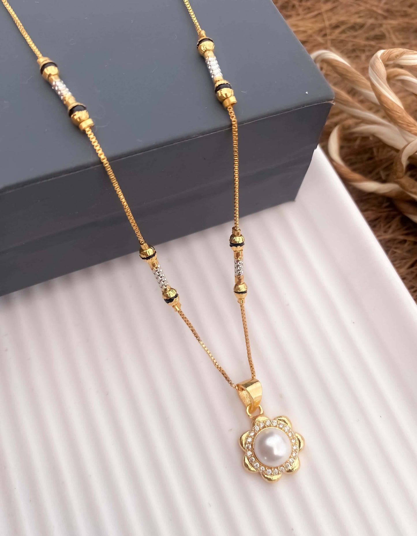 American Diamond With White Pearl Flover High Gold Chain Pendant - Chain Pendal - Belleza Jewels