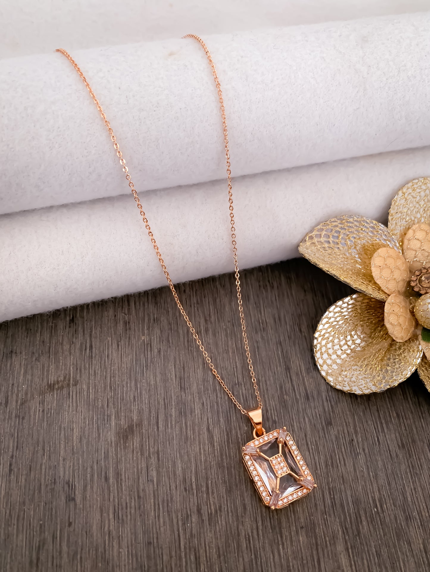 American Diamond square Rose Gold chain Pendant Necklace - Chain Pendal - Belleza Jewels