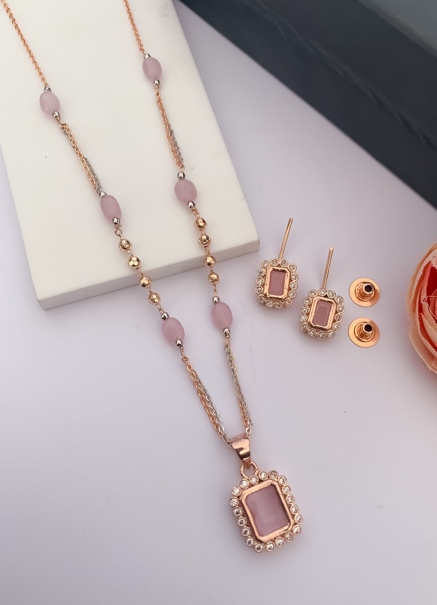 American Diamond Rose Gold Pleted Fancy Chain Pendant Set - Pendant Set - Belleza Jewels