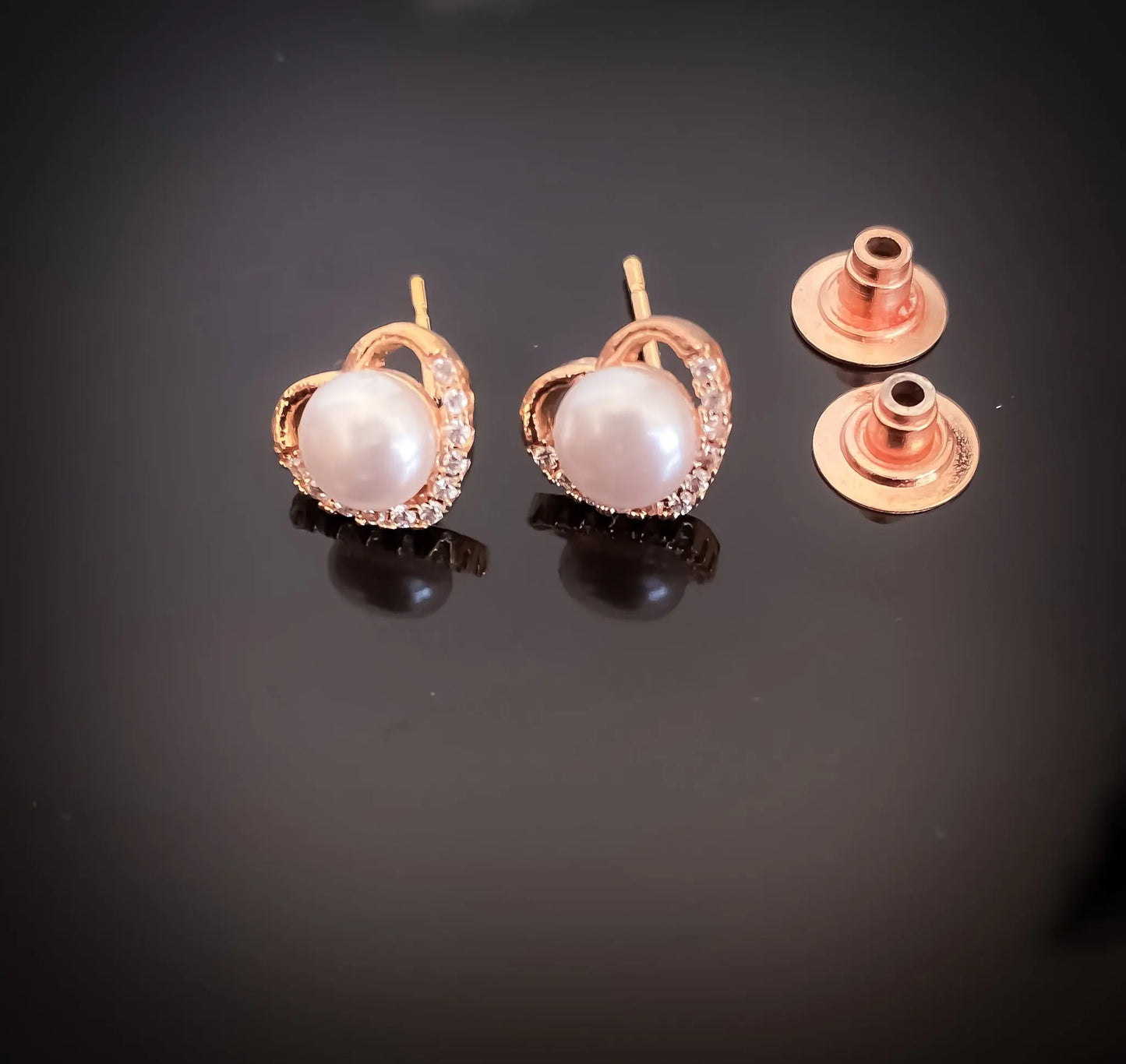 BUY 1 GET 1 FREE -American Diamond Heart Shape Rose Gold And Silver white Pearl Delicate Earrings Tops - Tops - Belleza Jewels