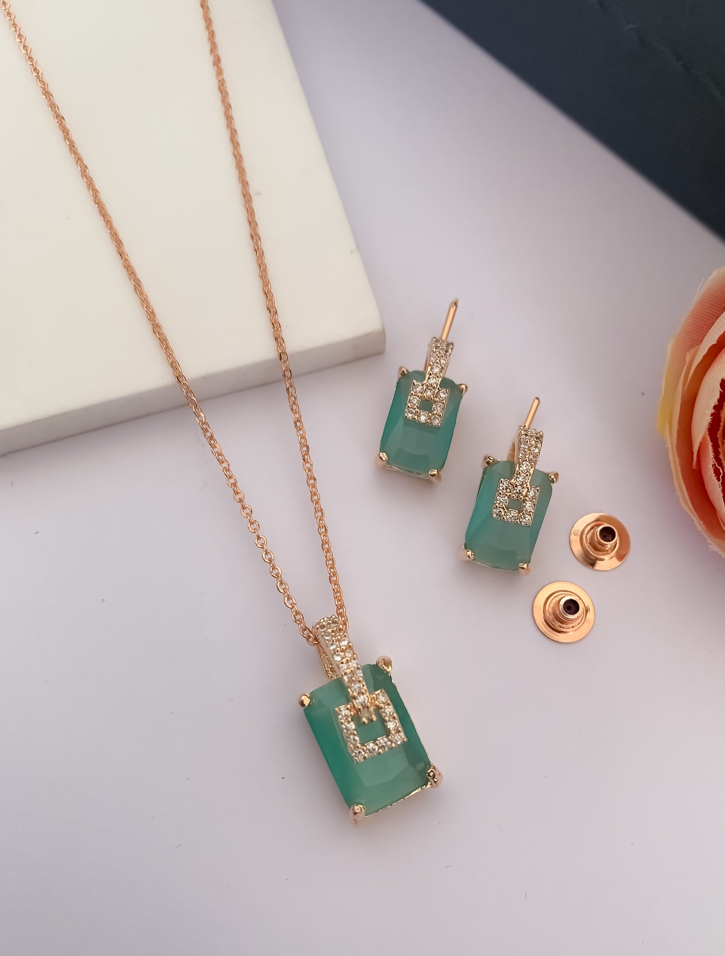 American Diamond Fancy Colour Stone Rose Gold Pendant Set - Pendant Set - Belleza Jewels