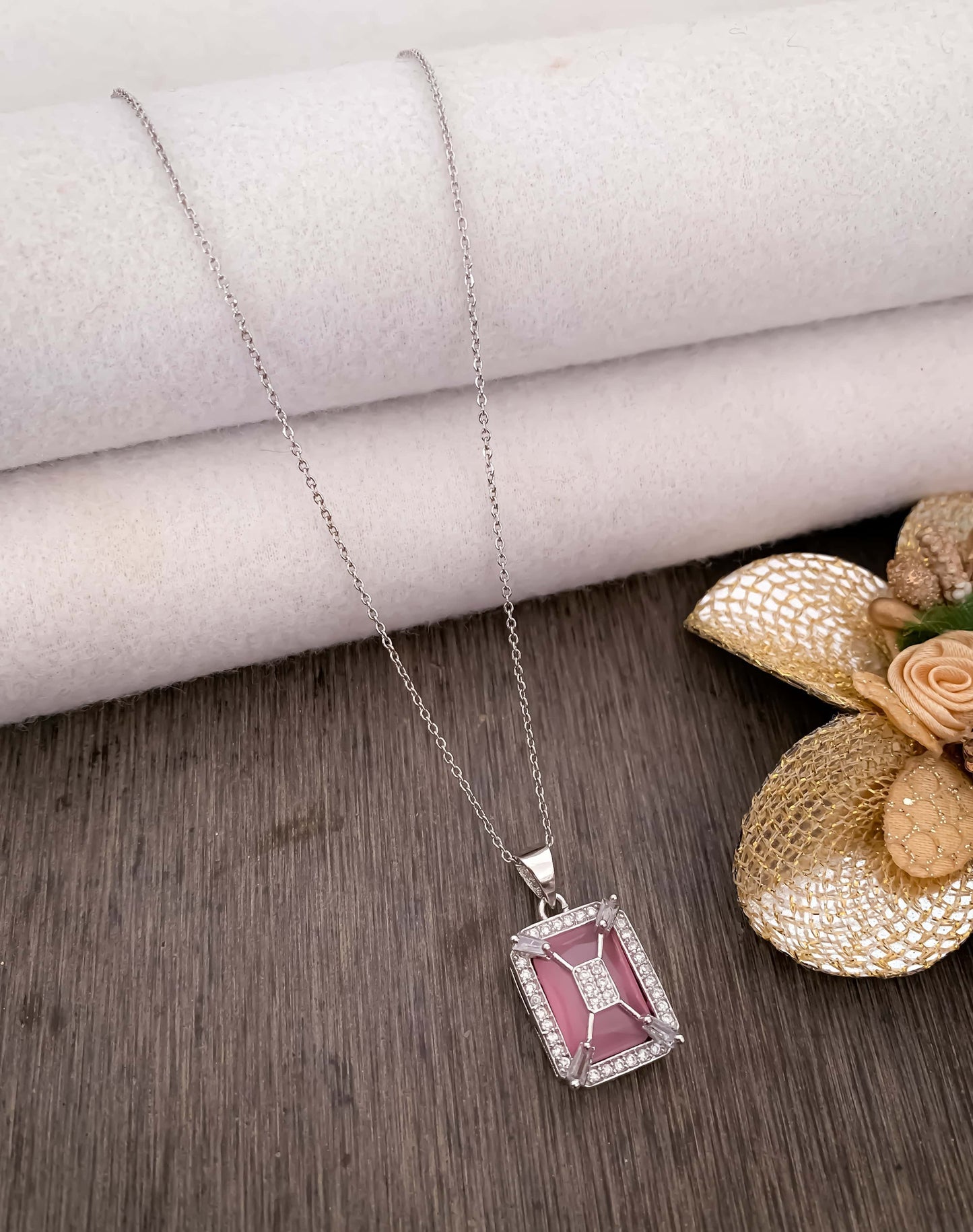 American Diamond Square Multiple Colour silver Fancy Chain Pendant Necklace - Chain Pendal - Belleza Jewels