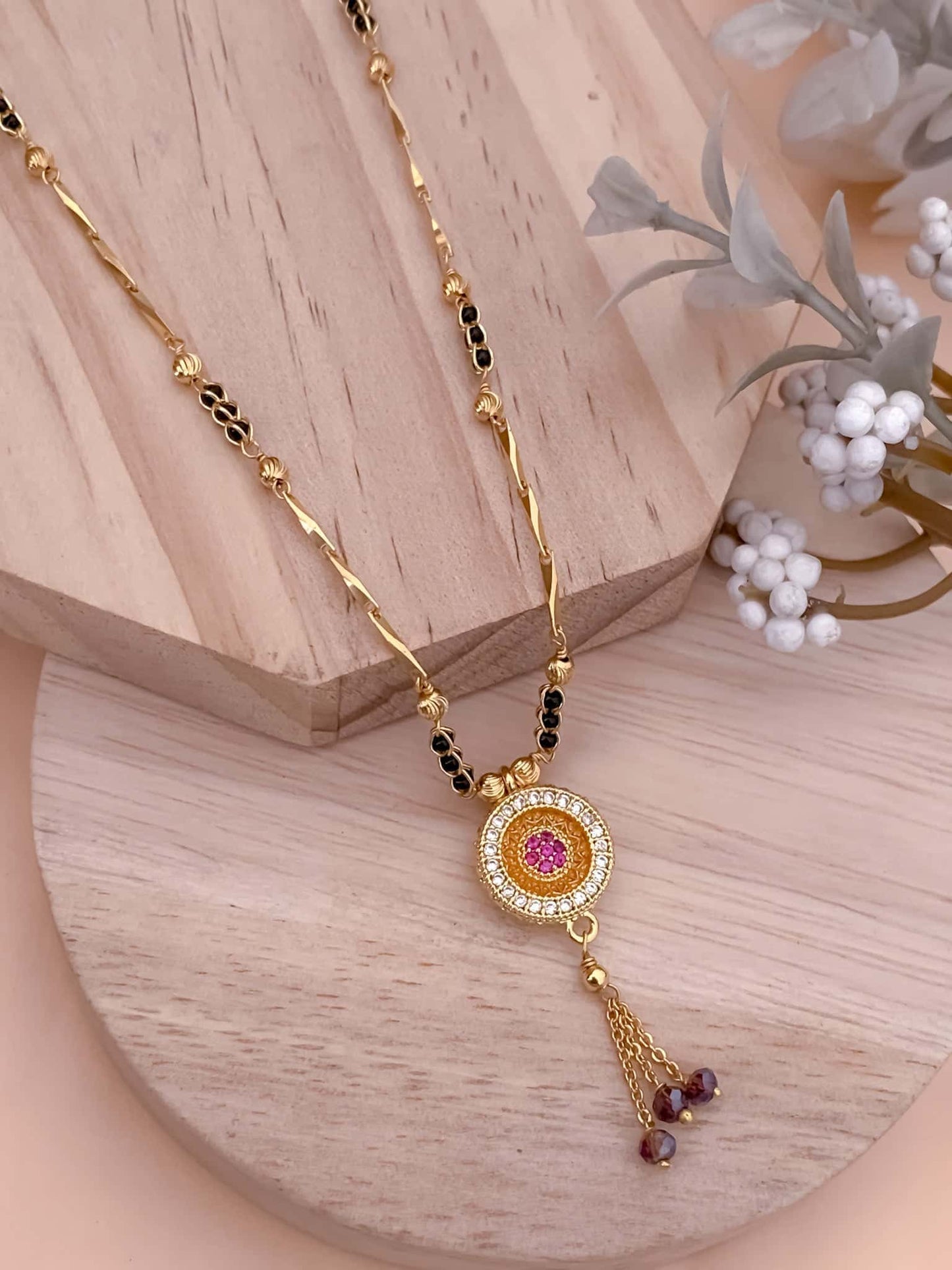 BUY 1 GET 1 FREE - American Diamond Round High Gold Pleted Ruby Hanging Delicate Mangalsutra - Mangalsutra - Belleza Jewels
