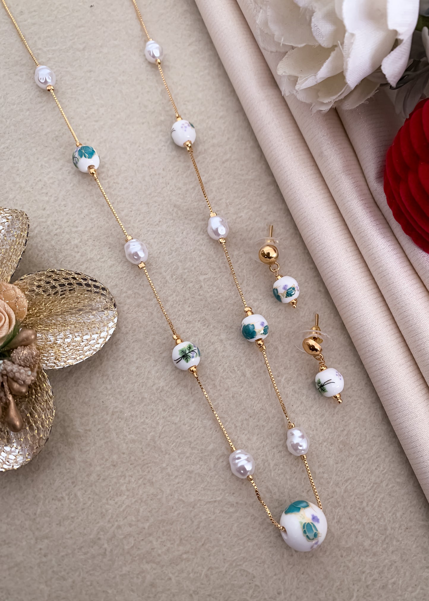 High Gold Fancy printed Pearl Royal Look Western Mala Set - Western Mala Set - Belleza Jewels
