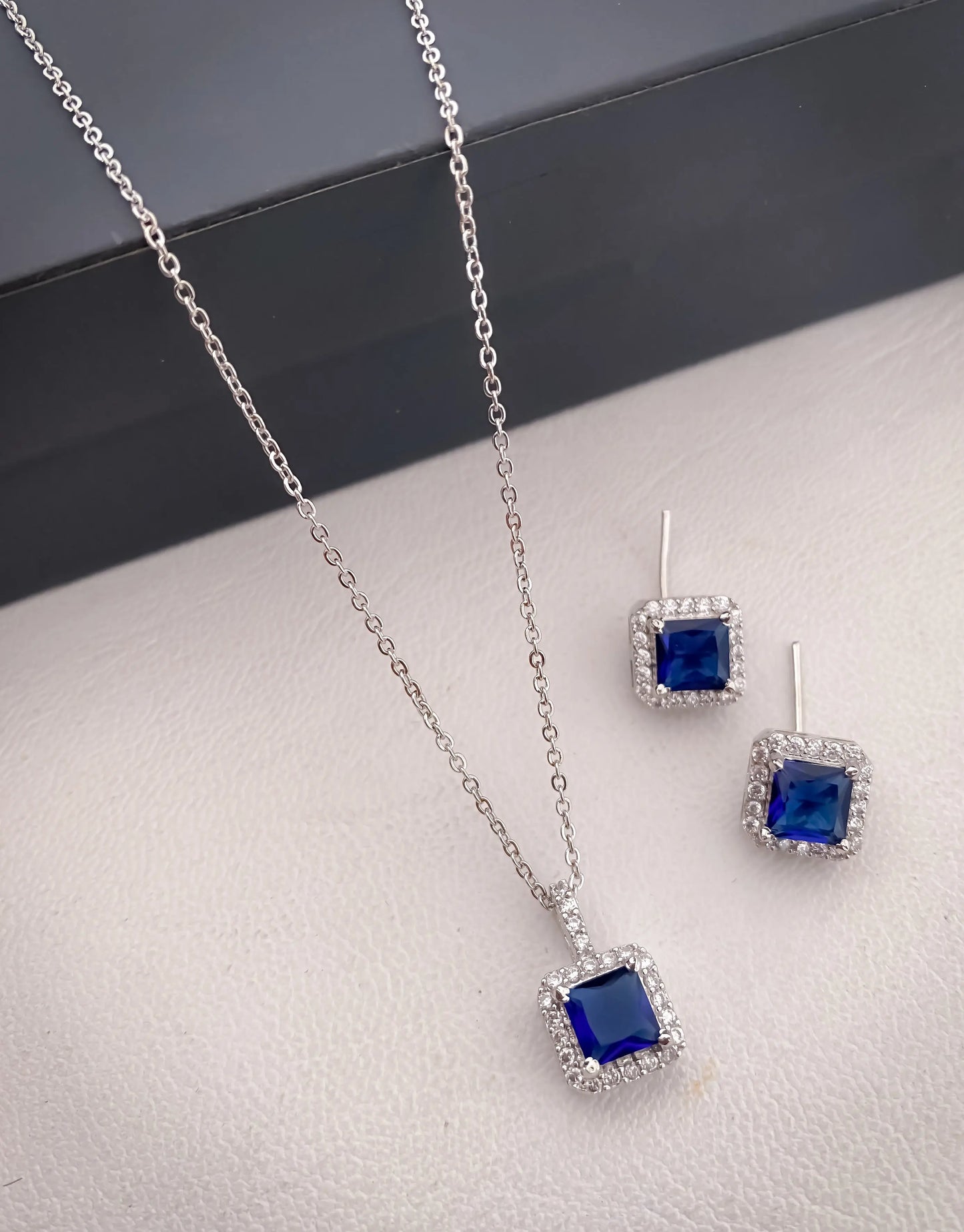 American Diamond Square All Colour Silver Plated Delicate Pendant Set - Pendant Set - Belleza Jewels