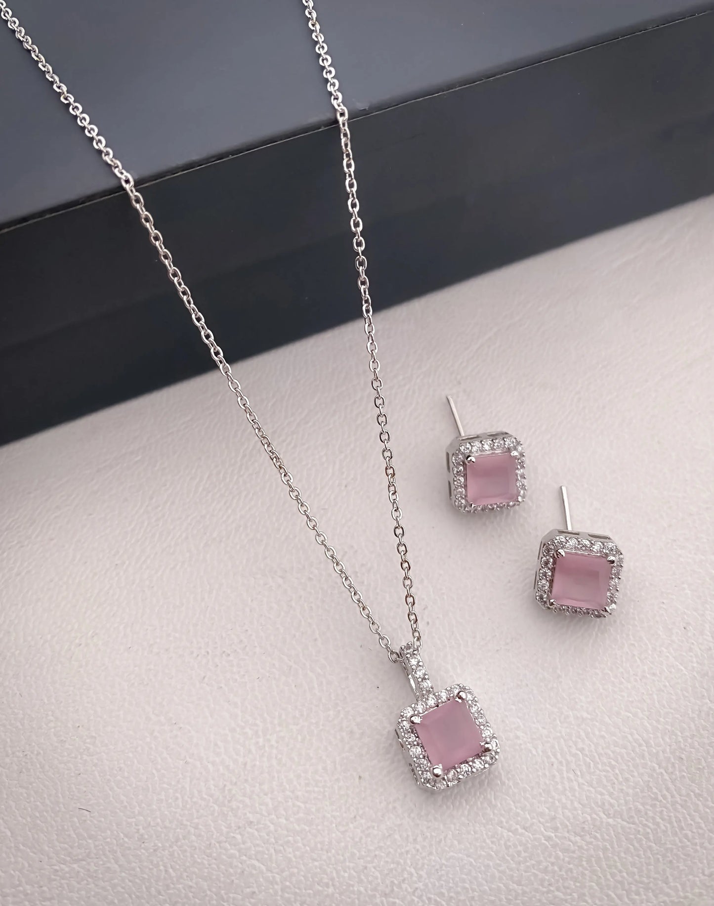 American Diamond Square All Colour Silver Plated Delicate Pendant Set - Pendant Set - Belleza Jewels