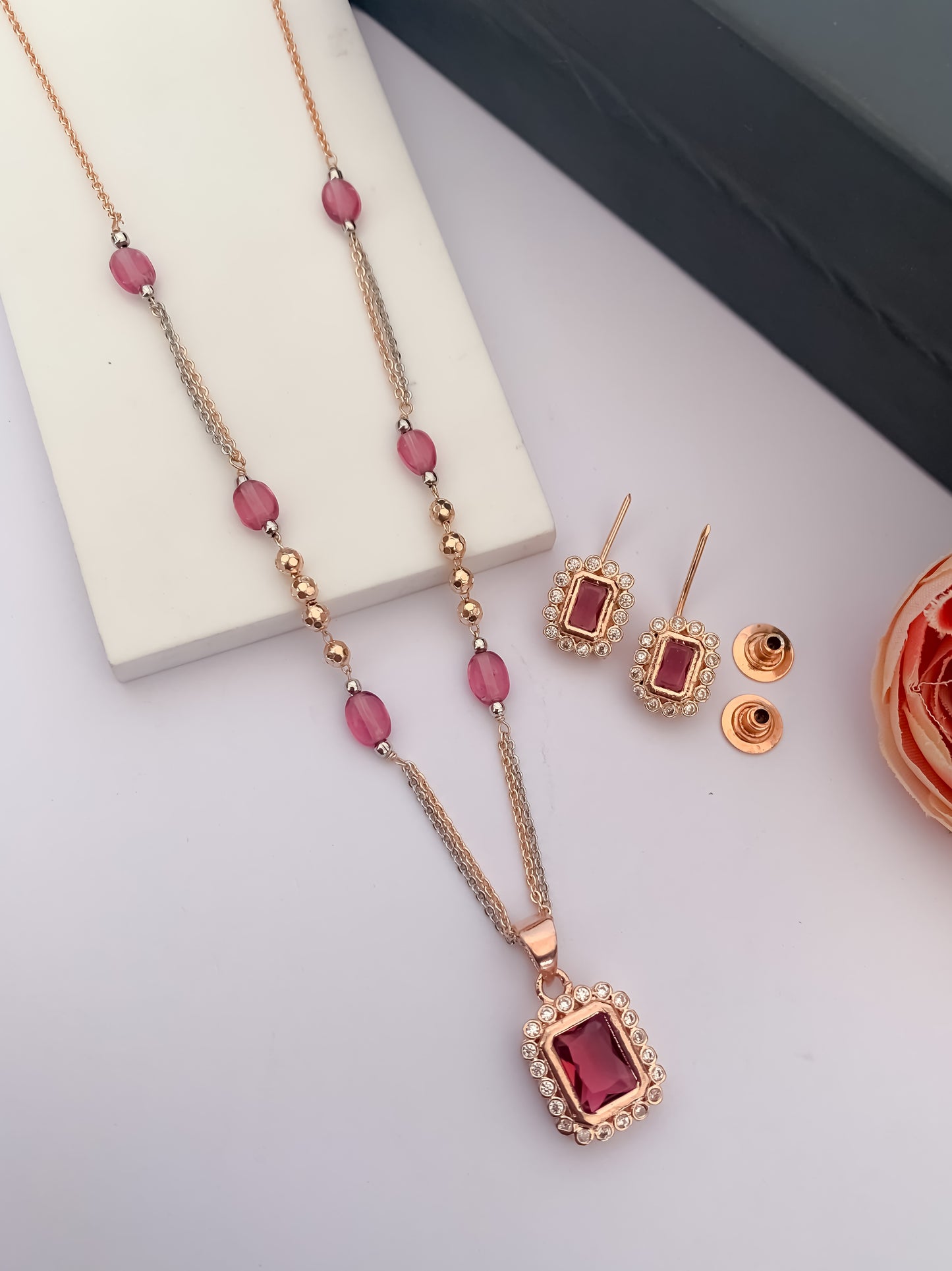 American Diamond Rose Gold Pleted Fancy Chain Pendant Set - Pendant Set - Belleza Jewels