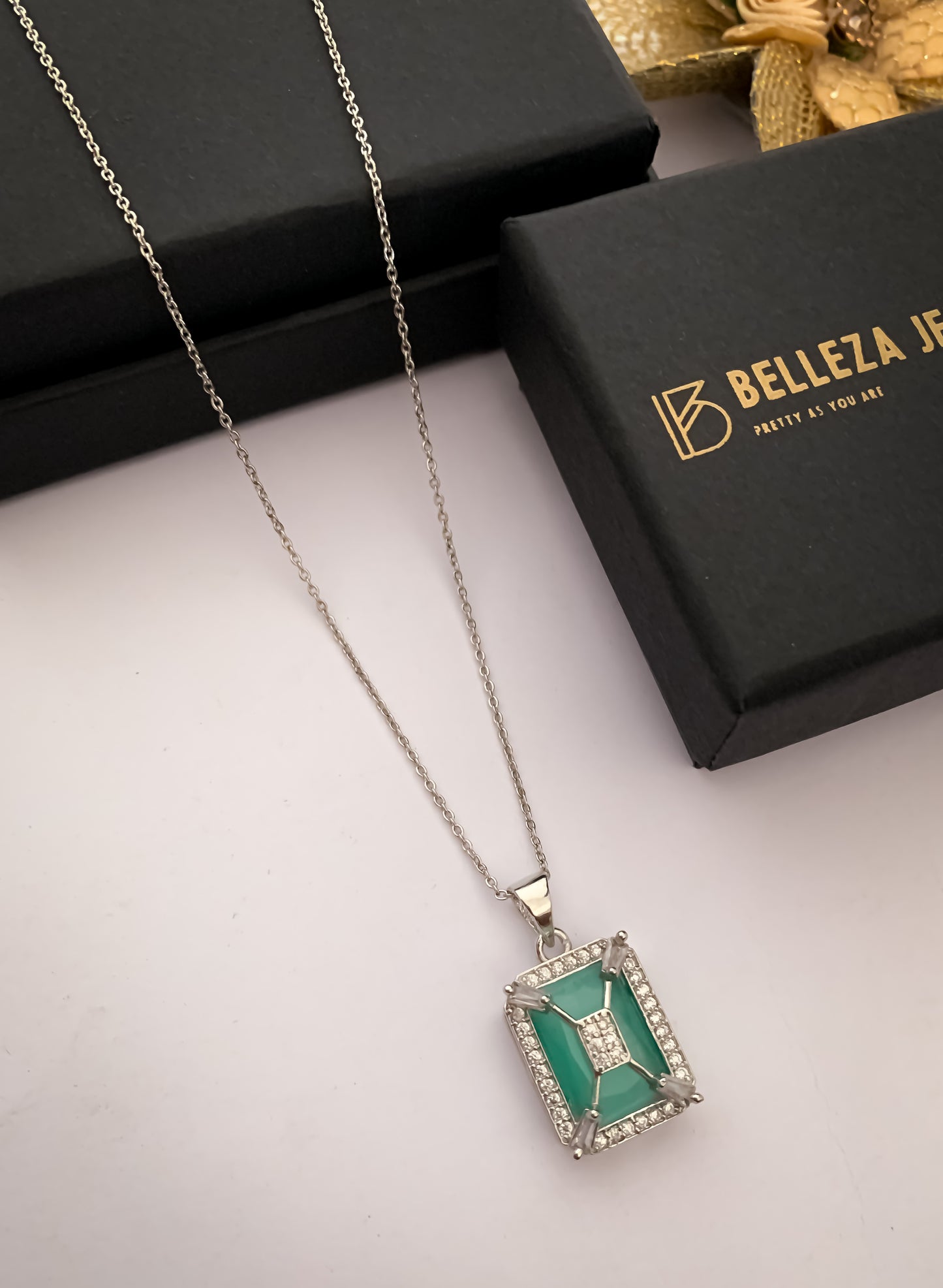 American Diamond Square Multiple Colour silver Fancy Chain Pendant Necklace - Chain Pendal - Belleza Jewels