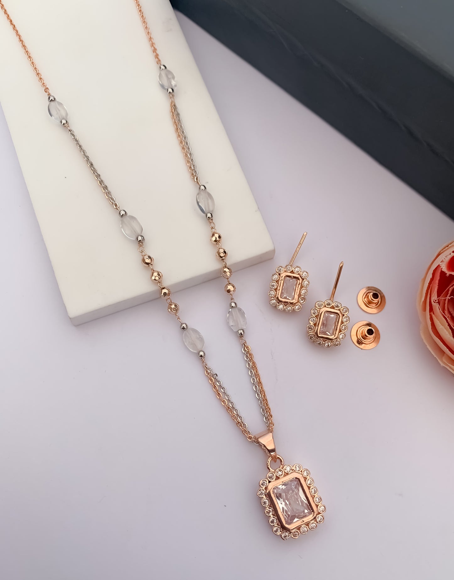 American Diamond Rose Gold Pleted Fancy Chain Pendant Set - Pendant Set - Belleza Jewels
