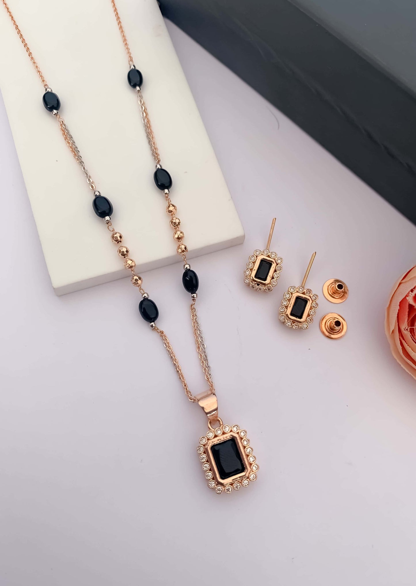 American Diamond Rose Gold Pleted Fancy Chain Pendant Set - Pendant Set - Belleza Jewels