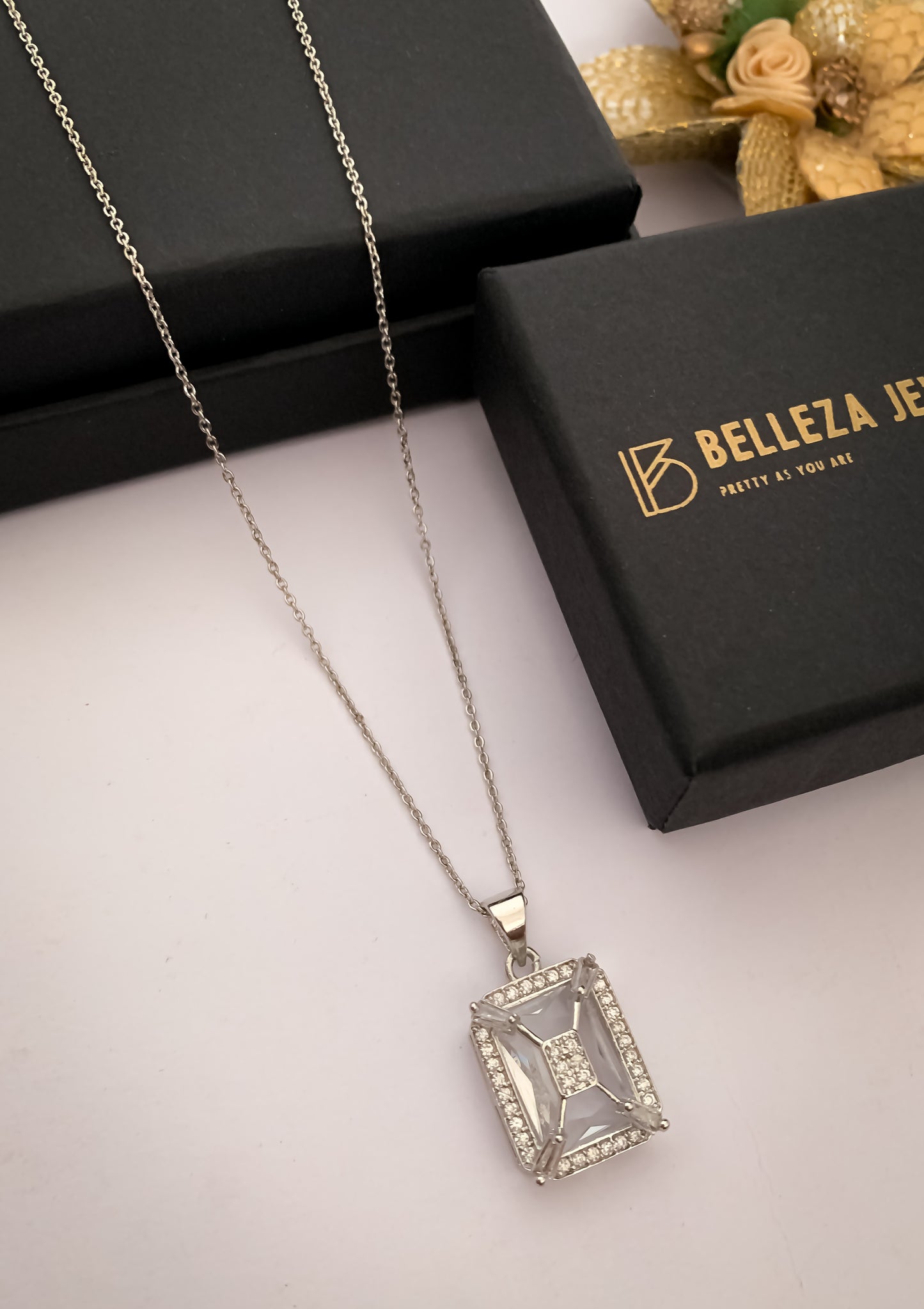 American Diamond Square Multiple Colour silver Fancy Chain Pendant Necklace - Chain Pendal - Belleza Jewels